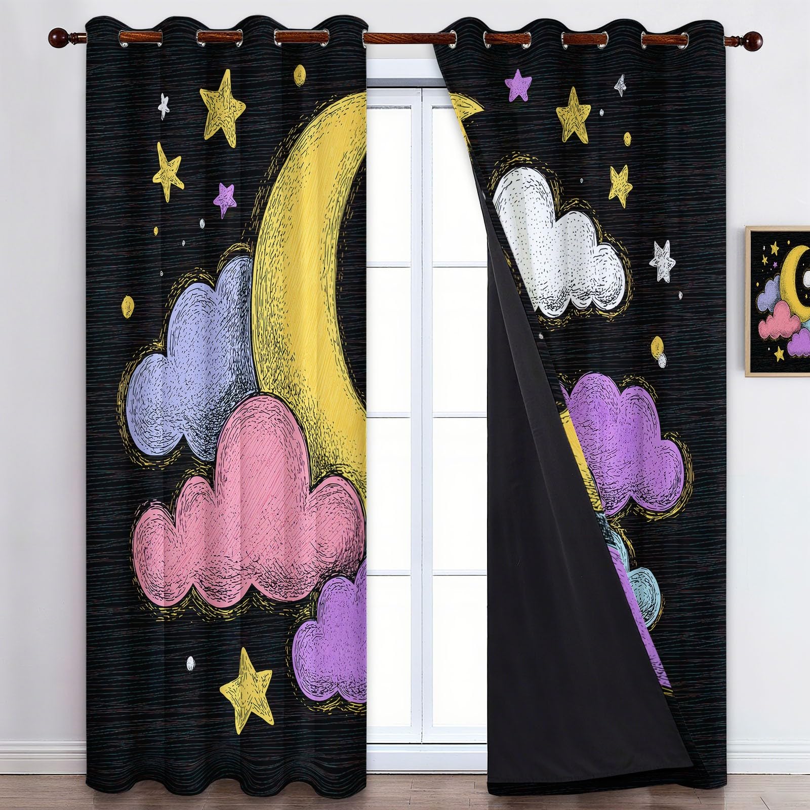 Rideau Occultant Noir, Rideaux Thermique Isolant Doux Anti UV - Draperies Intérieurs Ciel Étoilé Cartoon Nuages Lune pour Salon Chambre Décoration de Fenêtre 110L x 215H cm Lot de 2