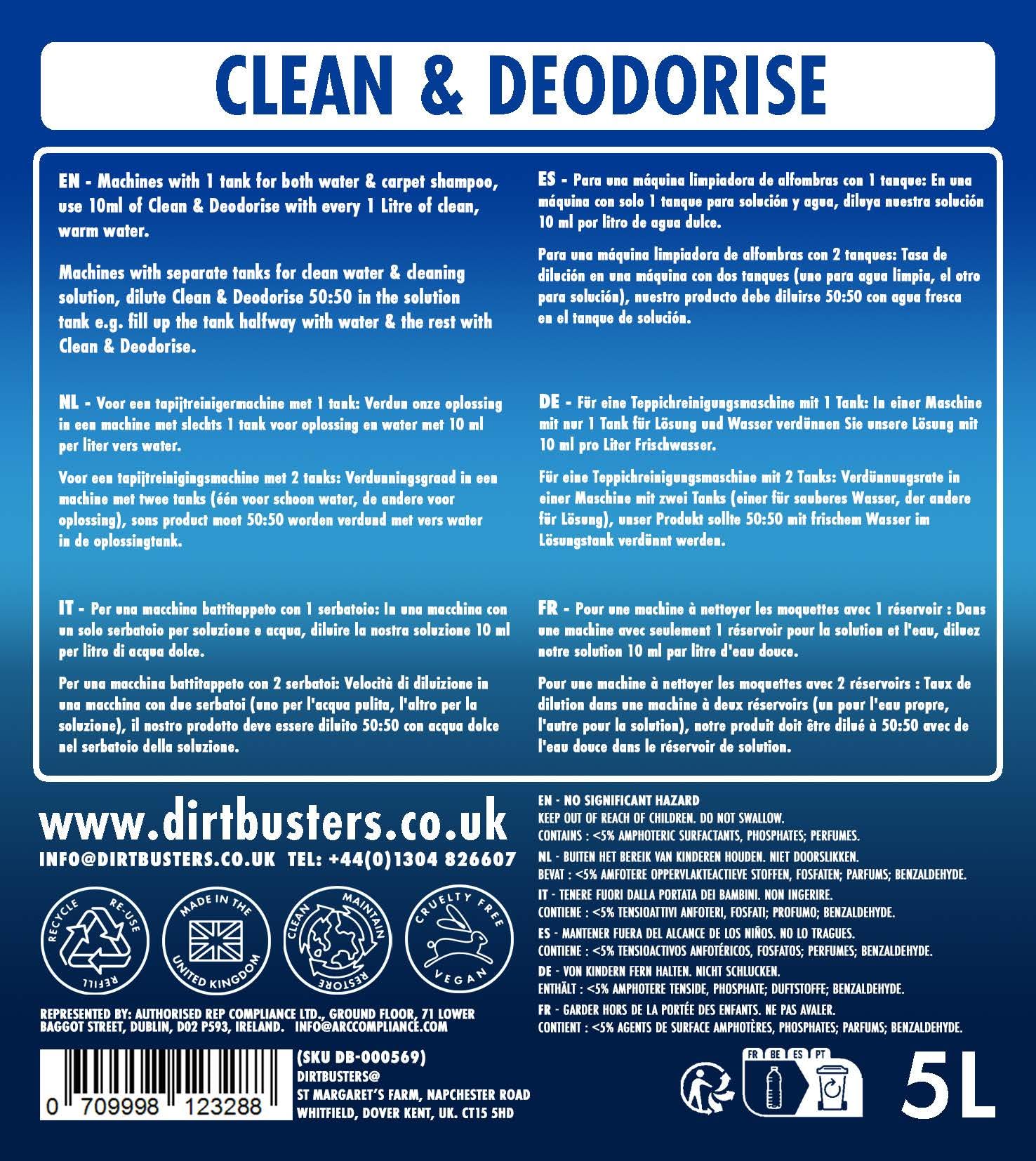 Dirtbusters Nettoyant Désodorisant Professionnel Concentré 3 en 1 pour Tapis Tissus - Neutraliseur d’Odeur, Parfum Baies Rouges, Shampooing Idéal des Moquette Machines Lavant par Extraction, 5L