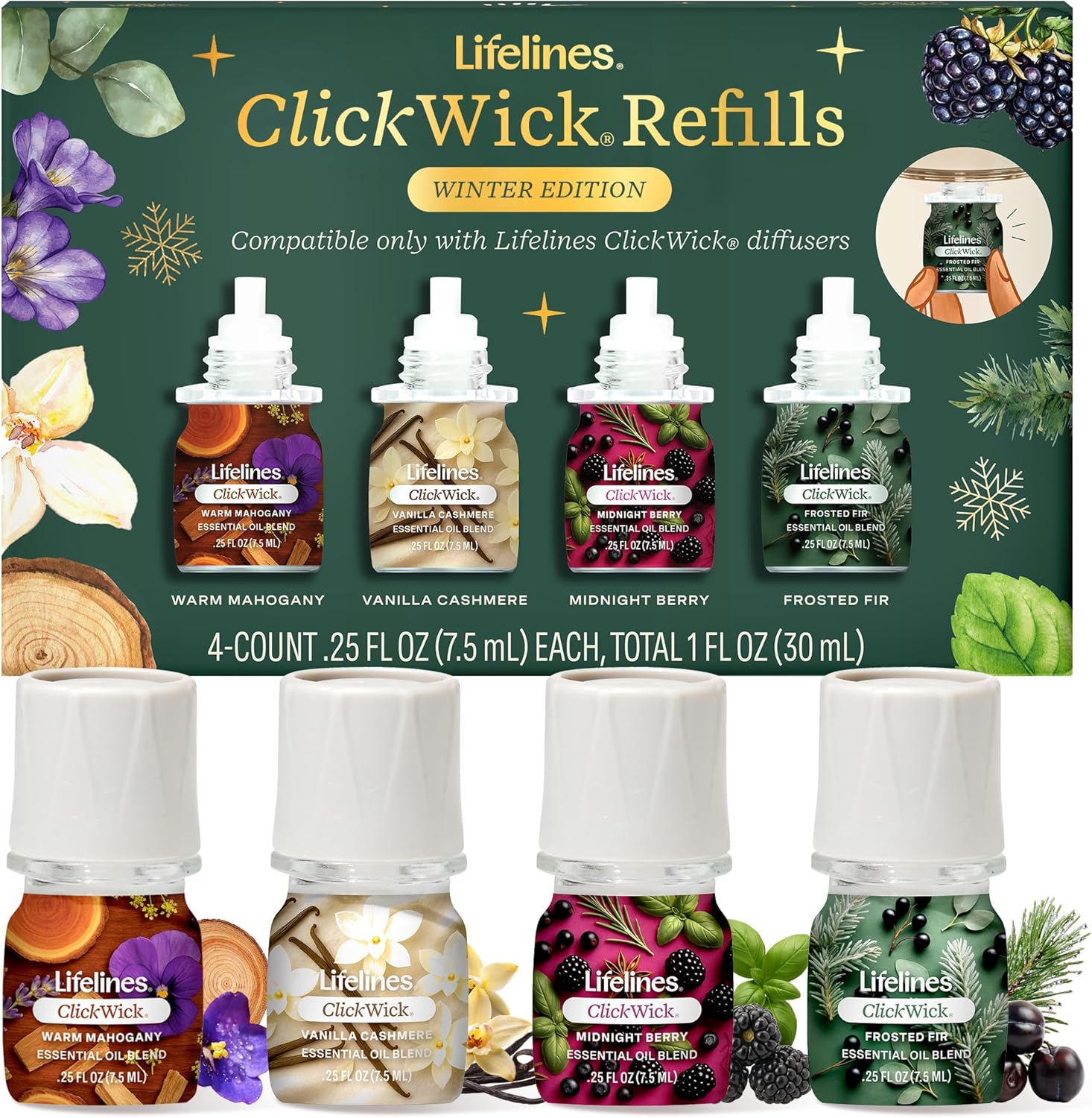 ClickWick Essential Oil Blends for Lifelines Diffusers, 4-Pack Winter Gift Set – Essential Oil Blend Fragrance Refills for Candle, Plant & Shower Aromatherapy Diffuser – Home Spa & Relaxation Gifts