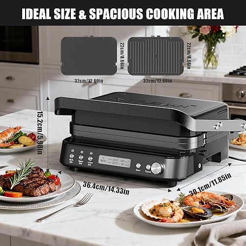 Miniatura 7 de CATTLEMAN Panini Grill Press Sandwichera con placas extraíbles, 1600 W, 5 en 1 sin humo para interior y plancha con termómetro de carne, placas