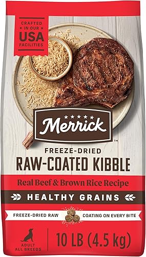 Merrick Healthy Grains - Alimento seco para perros con revestimiento de croquetas crudas liofilizado, receta de carne real y arroz integral, bolsa disponible en Yaxa Colombia