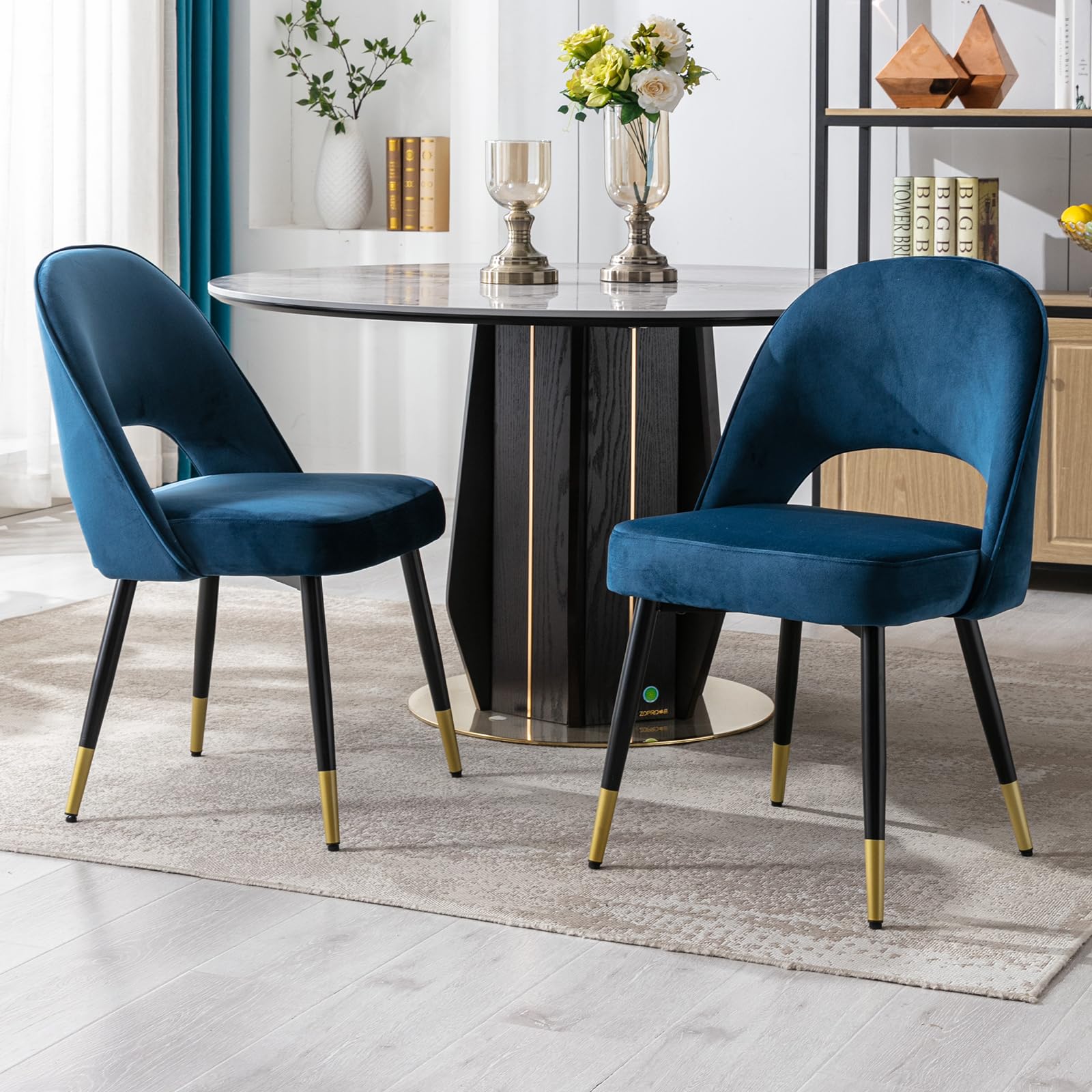 Ya-Home Velvet Dining Chairs with Black Metal Legs Set of 2 Modern Kitchen Side Chairs for Dining Room, Blue