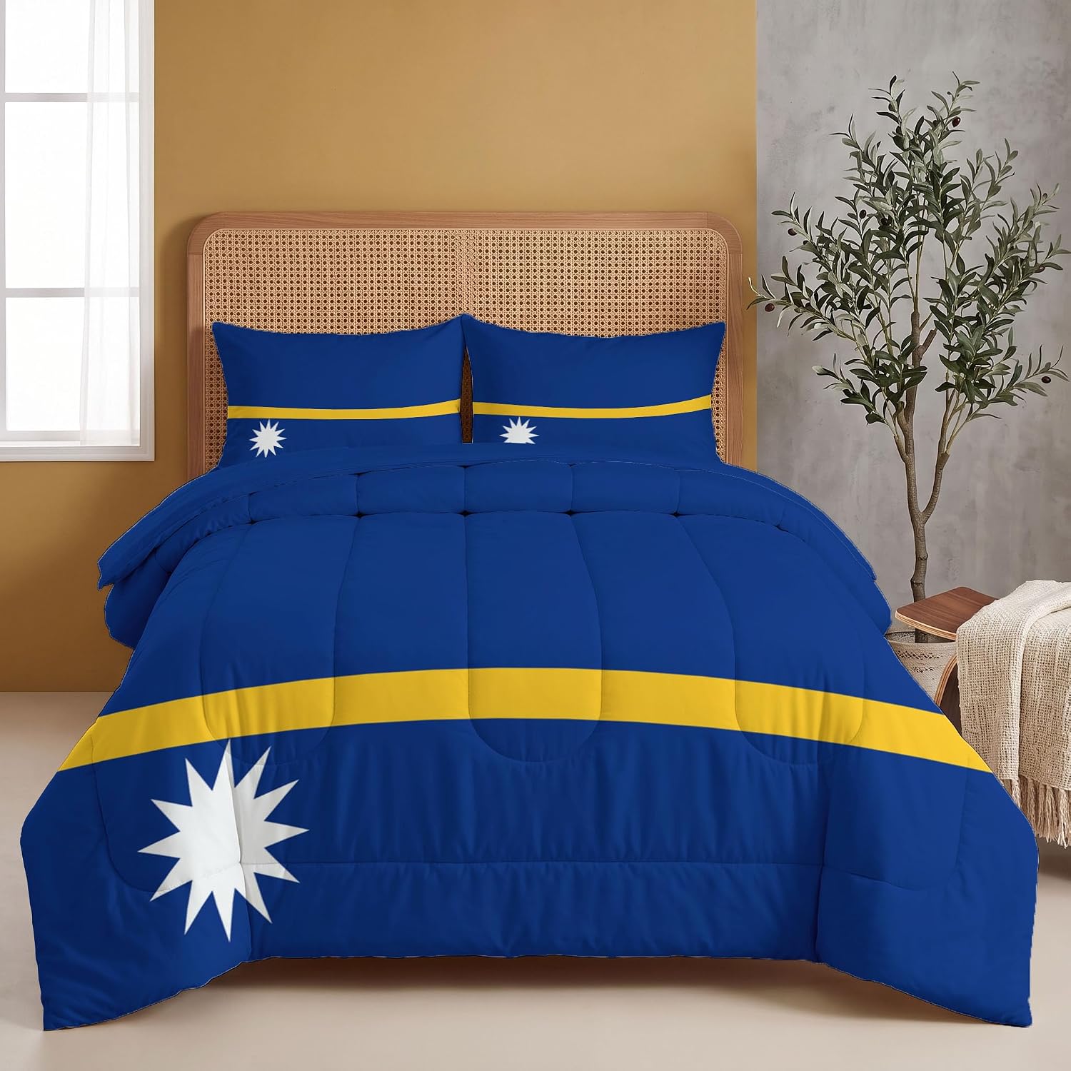 National Culture Comforter Set Twin Size, Nauru Flag Print Breathable Bedding Set for Girls Boys Teens, Blue Quilt Duvet with 2 Pillow Cases