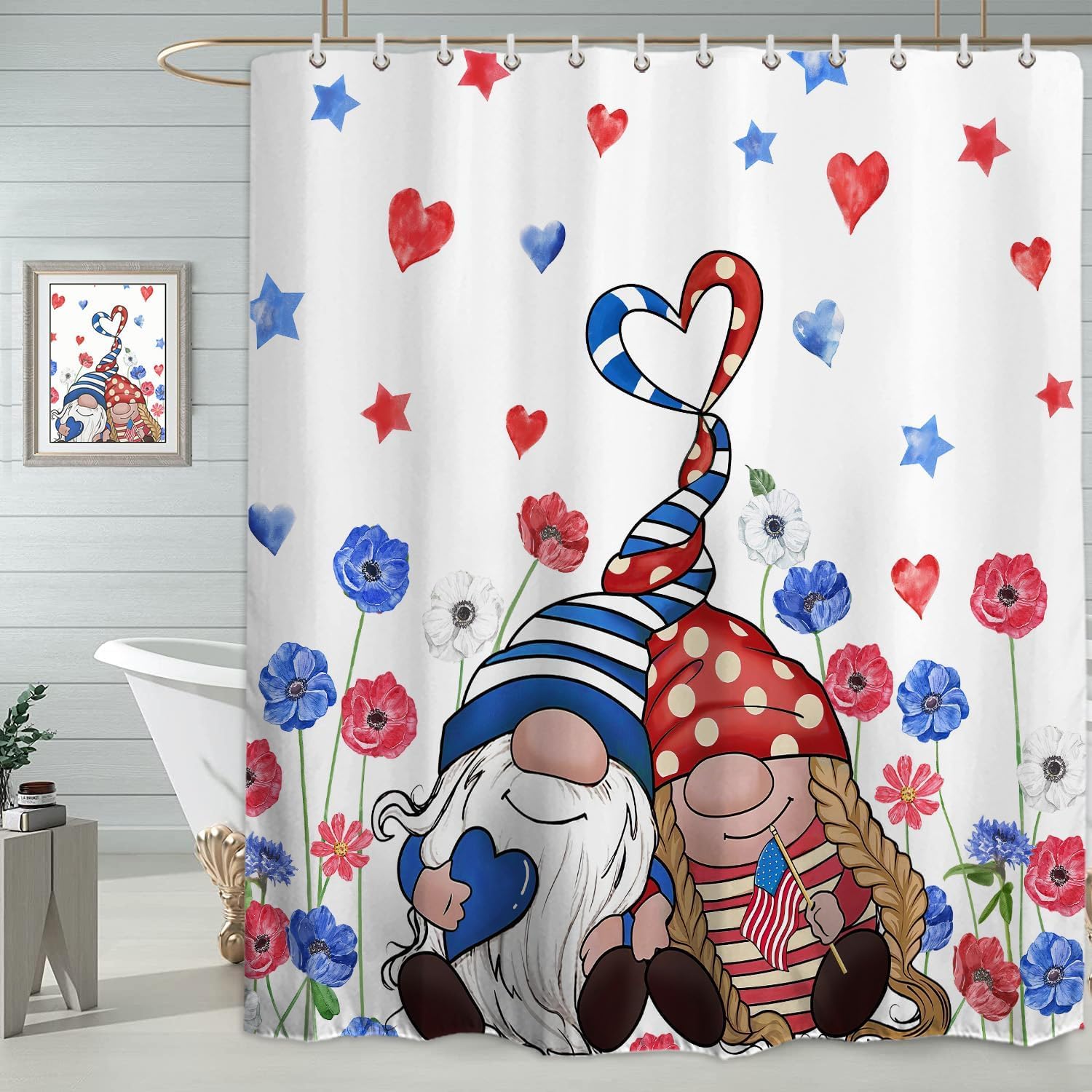 Baccessor 4th of July Gnomes Shower Curtain Patriotic Memorial Day Independence Day Shower Curtain 72x72 Inch Summer Holiday Bathroom Bath Rustic