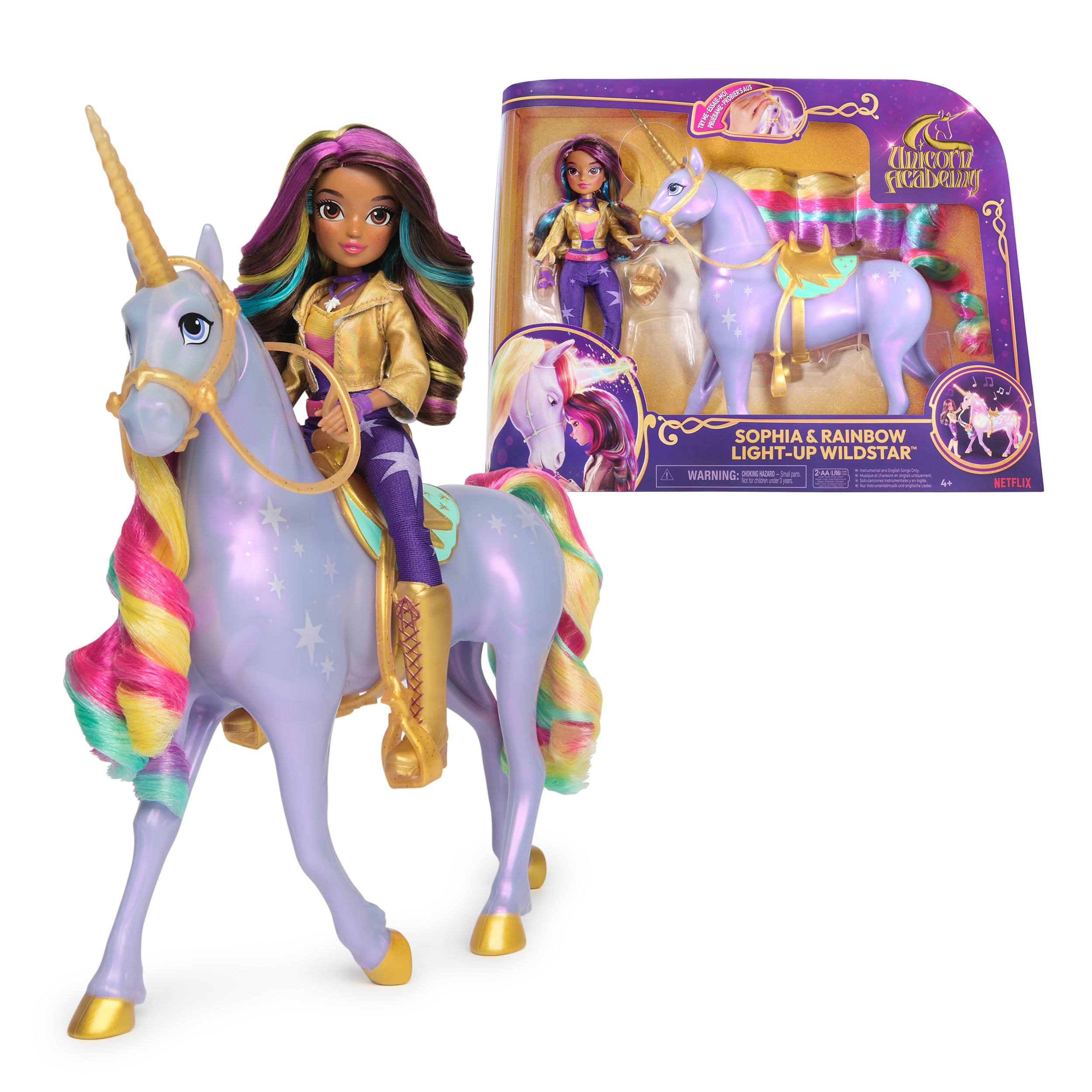 Unicorn Academy Sophia and Light Magic Wild Star Set, Approx. 28 cm Unicorn with Light Effects and Music and 24 cm Large Dressing Doll from the Popular Netflix Series, for Children from 4 Years
