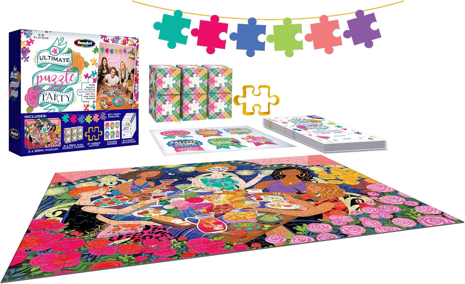 RoseArt Ultimate Puzzle Party - Game Night in A Box Complete with (2) 300pc Jigsaw Puzzles, Party Favors, Garland, Award Stickers, Fun for All Game Night, Galentine's Day Gift