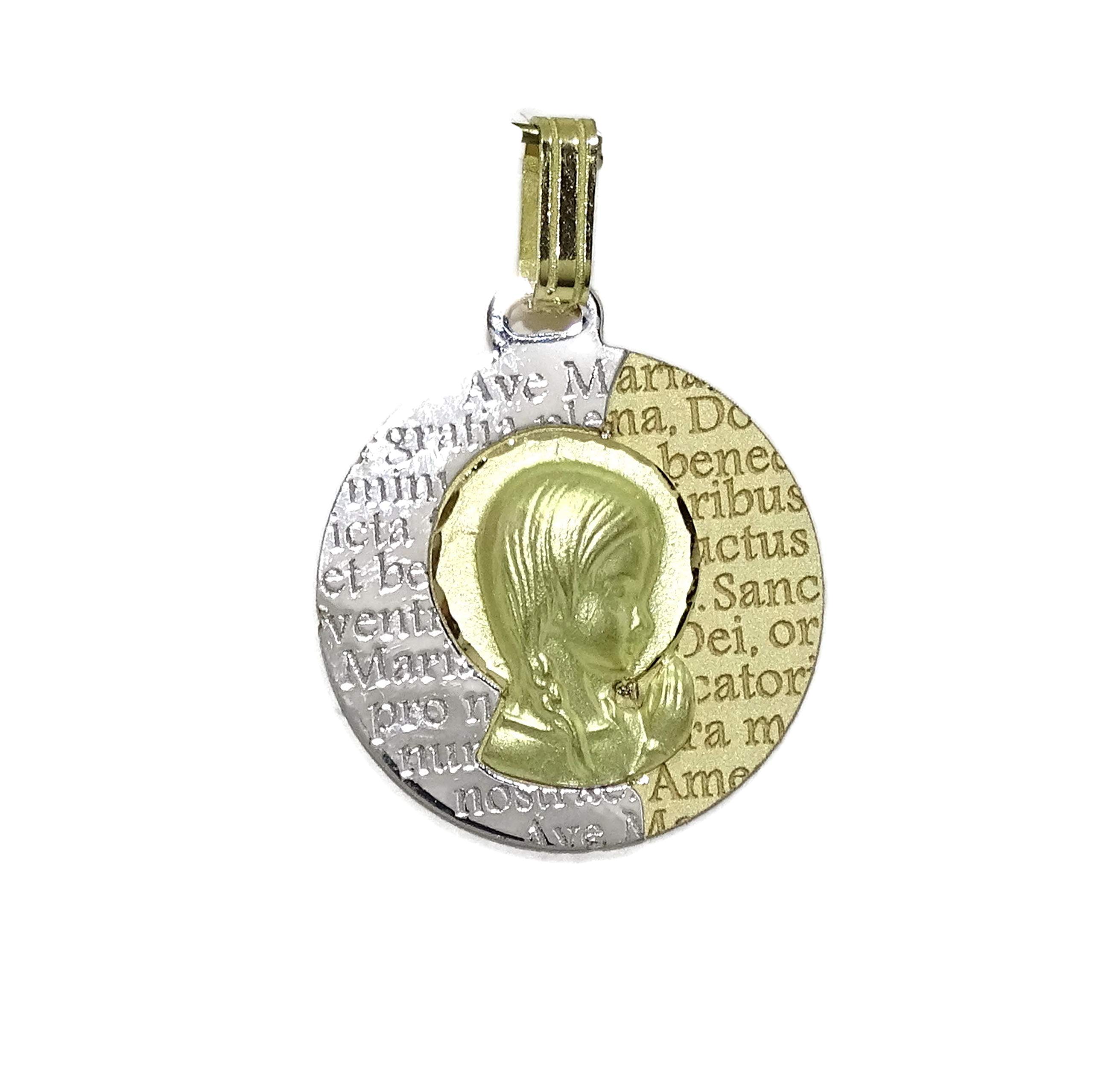 Never Say Never Medalla comunión Virgen niña bicolor oro 18k con oración Ave Maria grabada. 18mm
