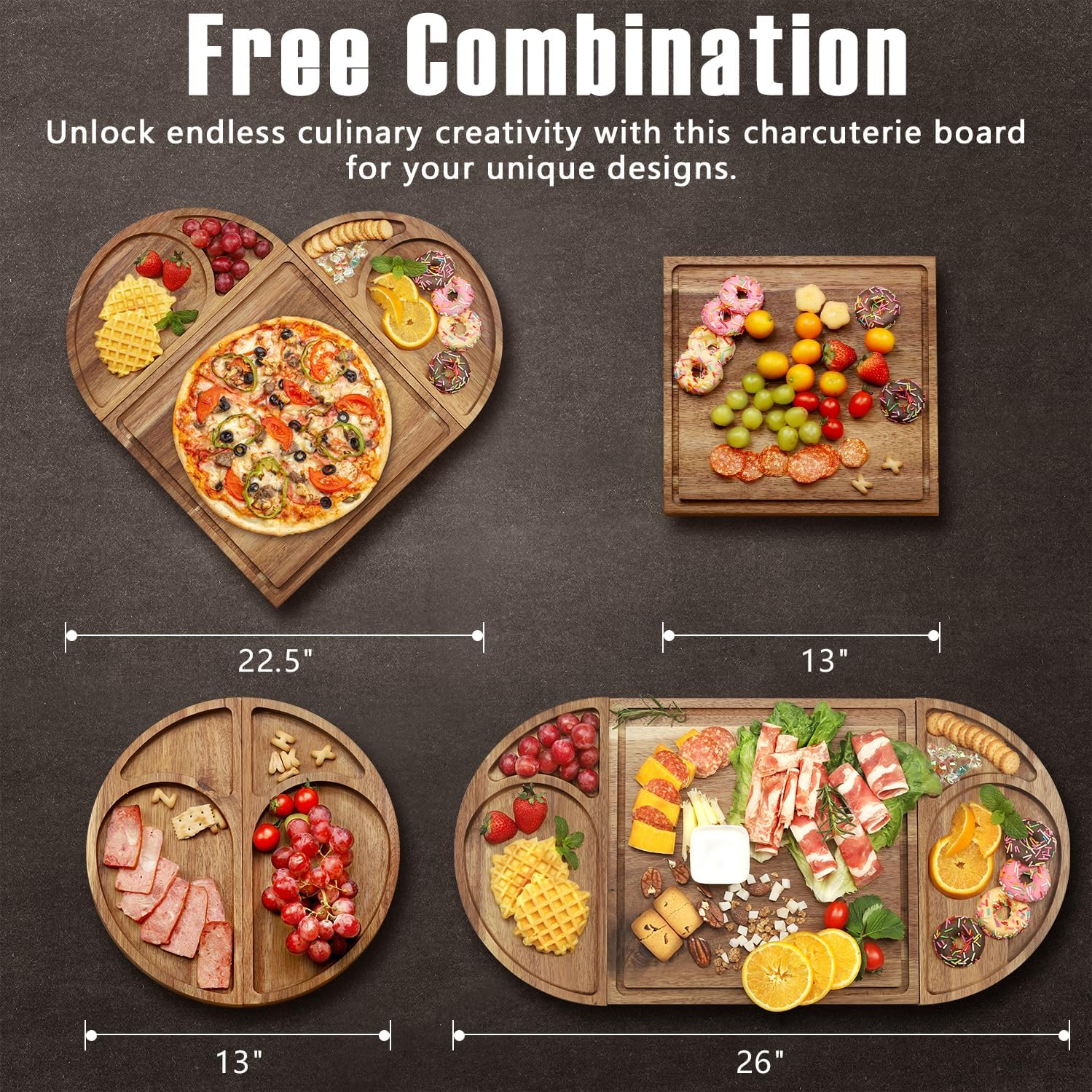 Extra Large Magnetic Charcuterie Board Cheese Board Gift Set 3 Part Square & Round & Heart Shaped Acacia Wood Charcuterie Cheese Boards Wooden Tray Serving Board Platter for Valentine - Image 4