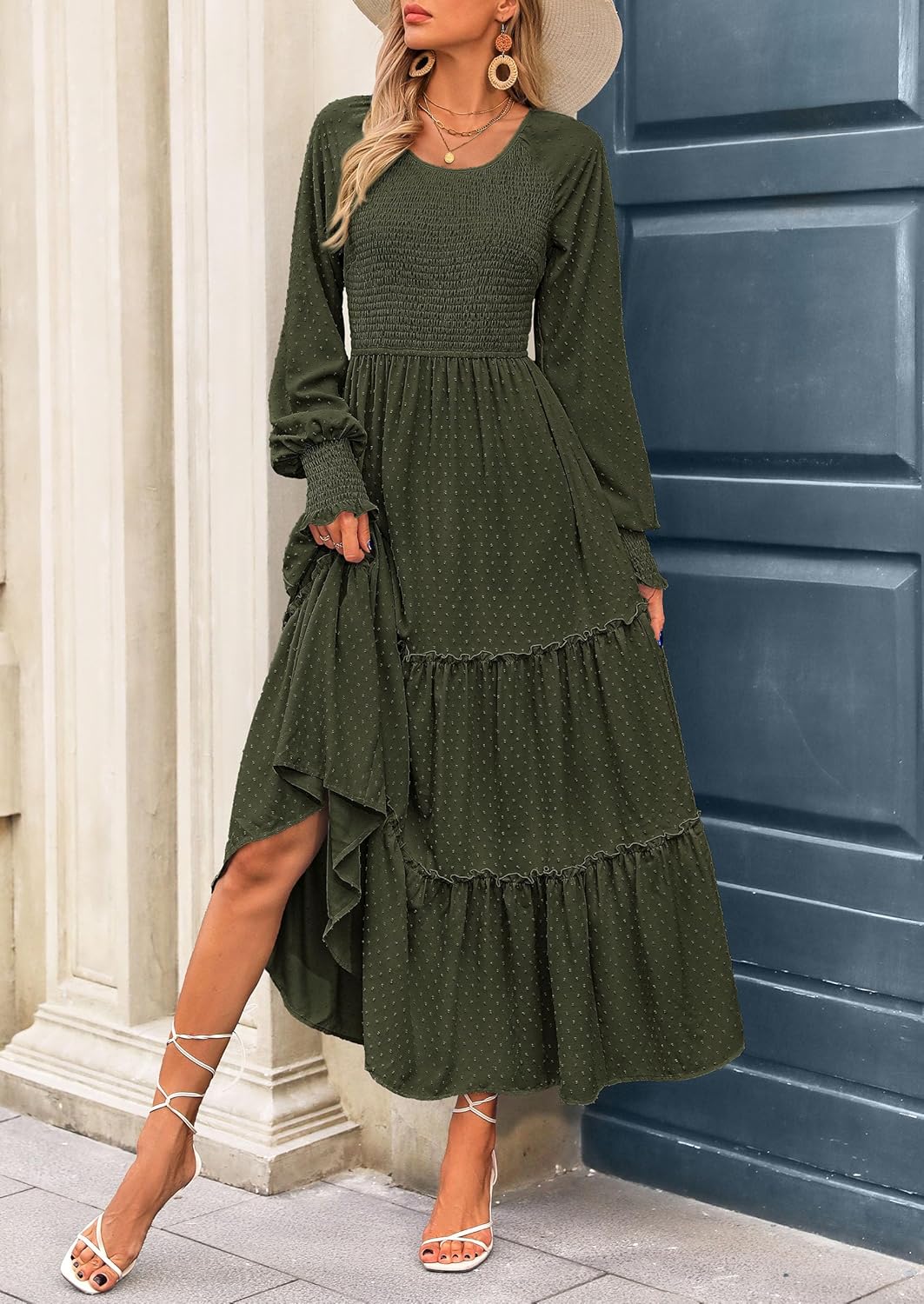 PRETTYGARDEN Women's Smocked Maxi Dress 2025 Fall Casual Long Sleeve Swiss Dot Ruffle Long Flowy Wedding Guest Dresses - Image 5