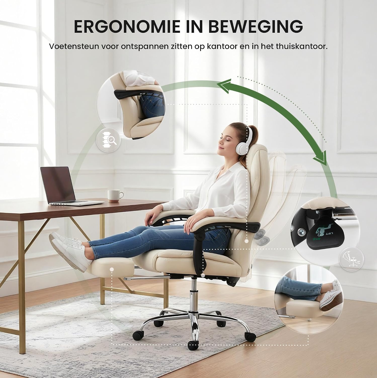 Side view of a person relaxing in the CLP Castle Office Chair with the footrest extended, demonstrating ergonomic movement and recline function.