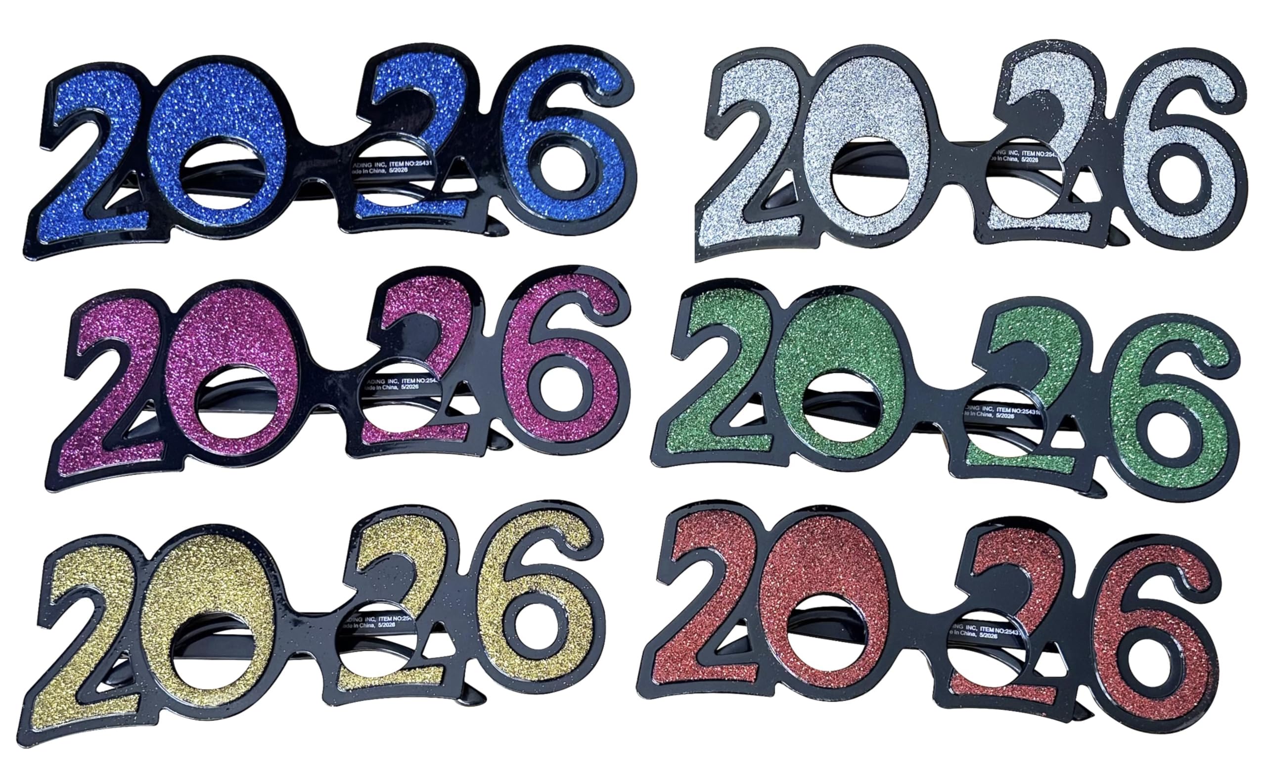 Gafas de celebración con purpurina para fiesta de Año Nuevo, diseño 2026, gafas festivas para decoración de fiestas de vacaciones, 6 paquetes
