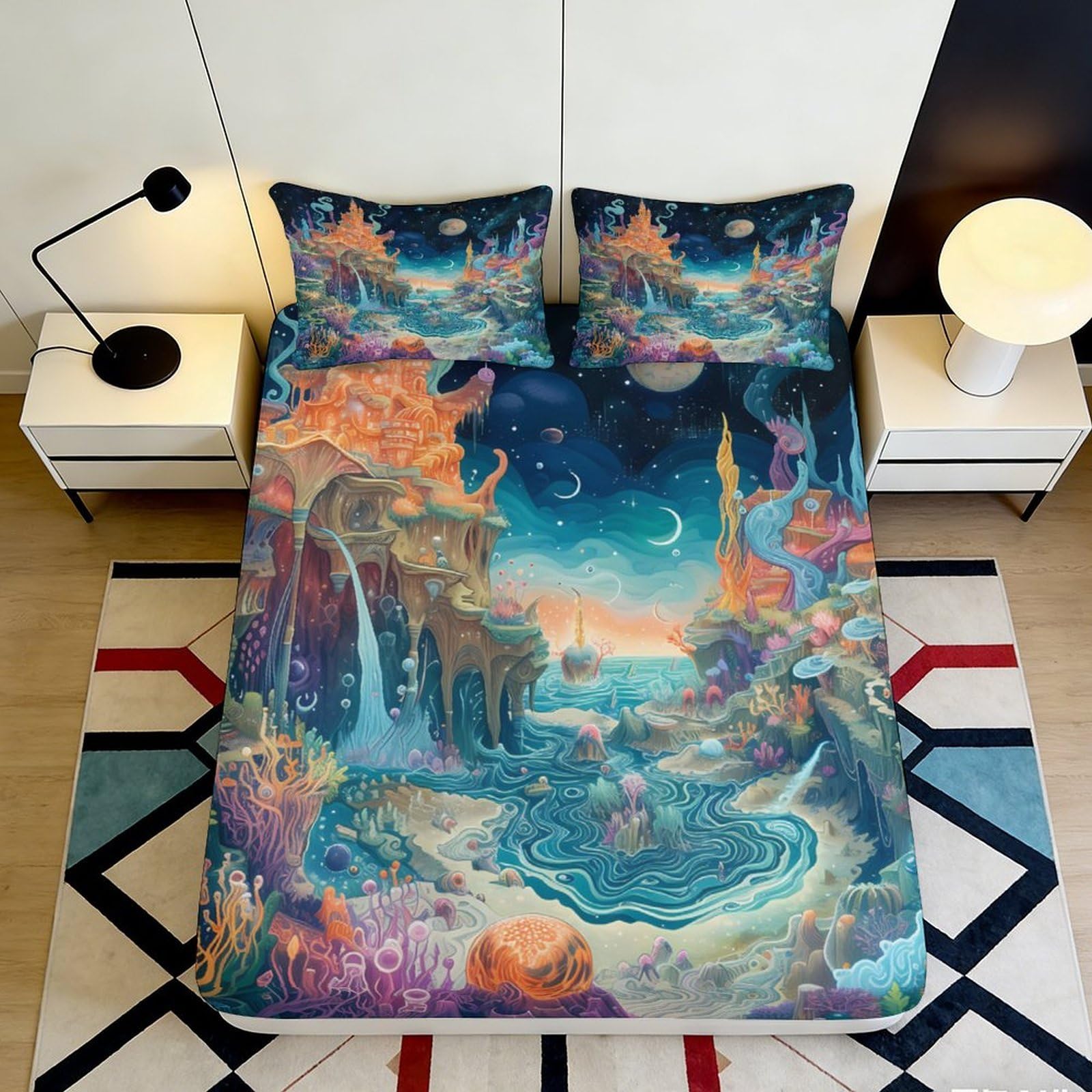 3D Printed Fantasy Ocean Fitted Sheet Microfiber Soft Breathable Dreamland Mattress Cover for Bedroom Dorm Decor 90x200x25cm
