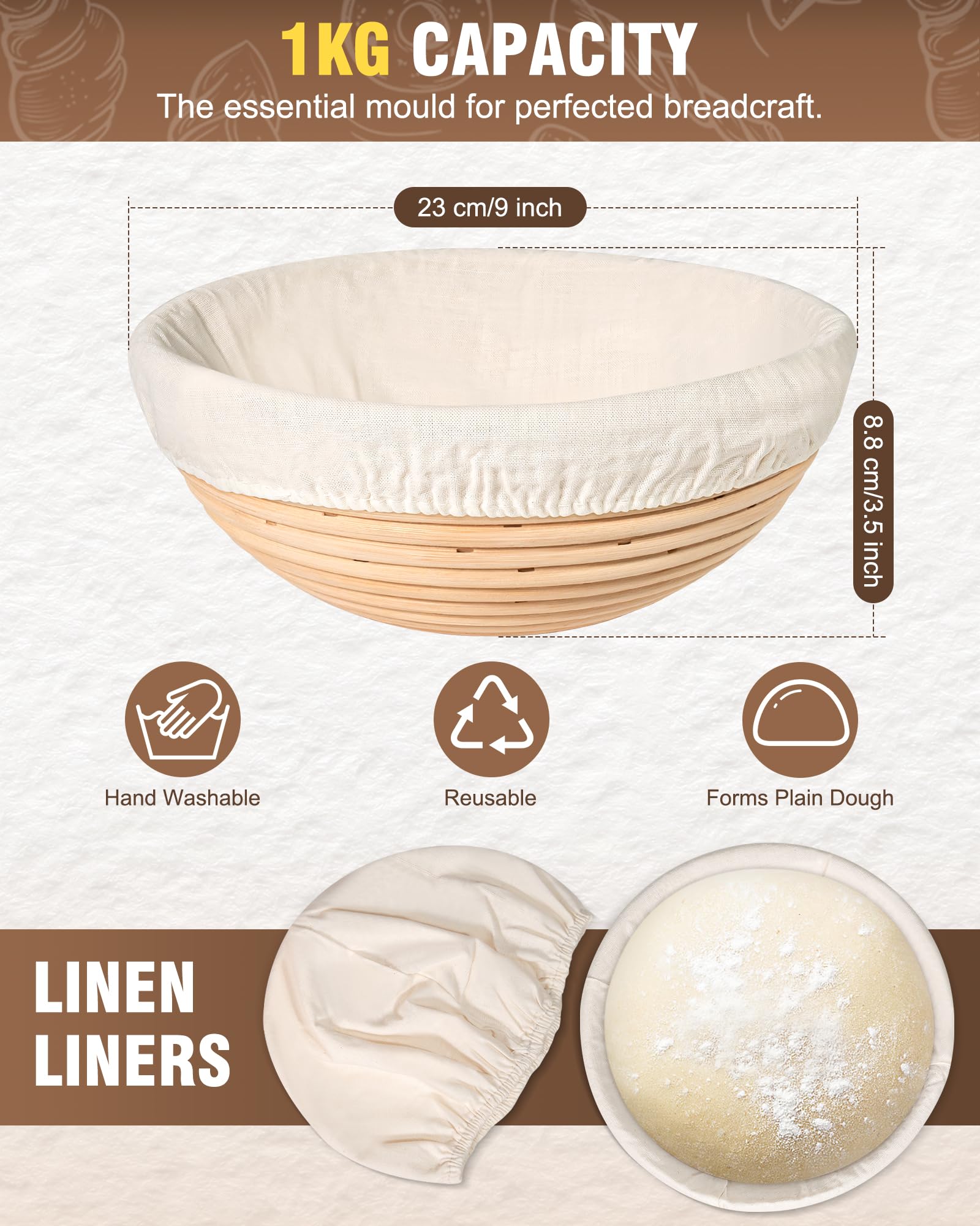 Cesta redonda de masa madre a prueba de pan en caja con forro y herramientas para hacer pan, hecha a mano con materiales de ratán natural indonesio de calidad para hornear pan (juego de 2 unidades,