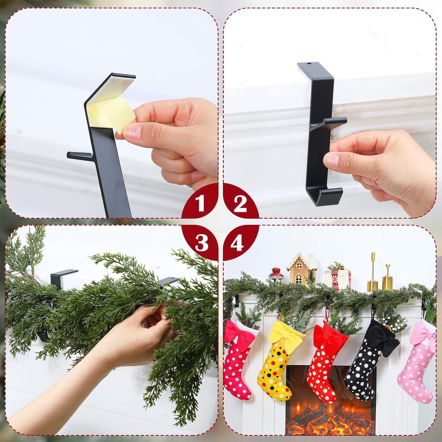 6 Pack 2 in 1 Christmas Garland and Stocking Mantel Holders Fireplace Stocking and Garland Hanger for Xmas Holiday Party Decoration Home