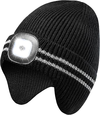 GADIEMKENSD Reflective Stripe LED Beanie, Adjustable Brightness, with Earflaps, Warm, High Elastic, Easy to Wash, Unisex