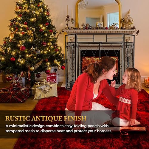Miniatura 6 de Pantalla de chimenea de doble puerta 5 en 1 de 50 x 31 pulgadas, grande, 3 paneles, plegable, de hierro forjado, pantalla de chimenea, rústica,