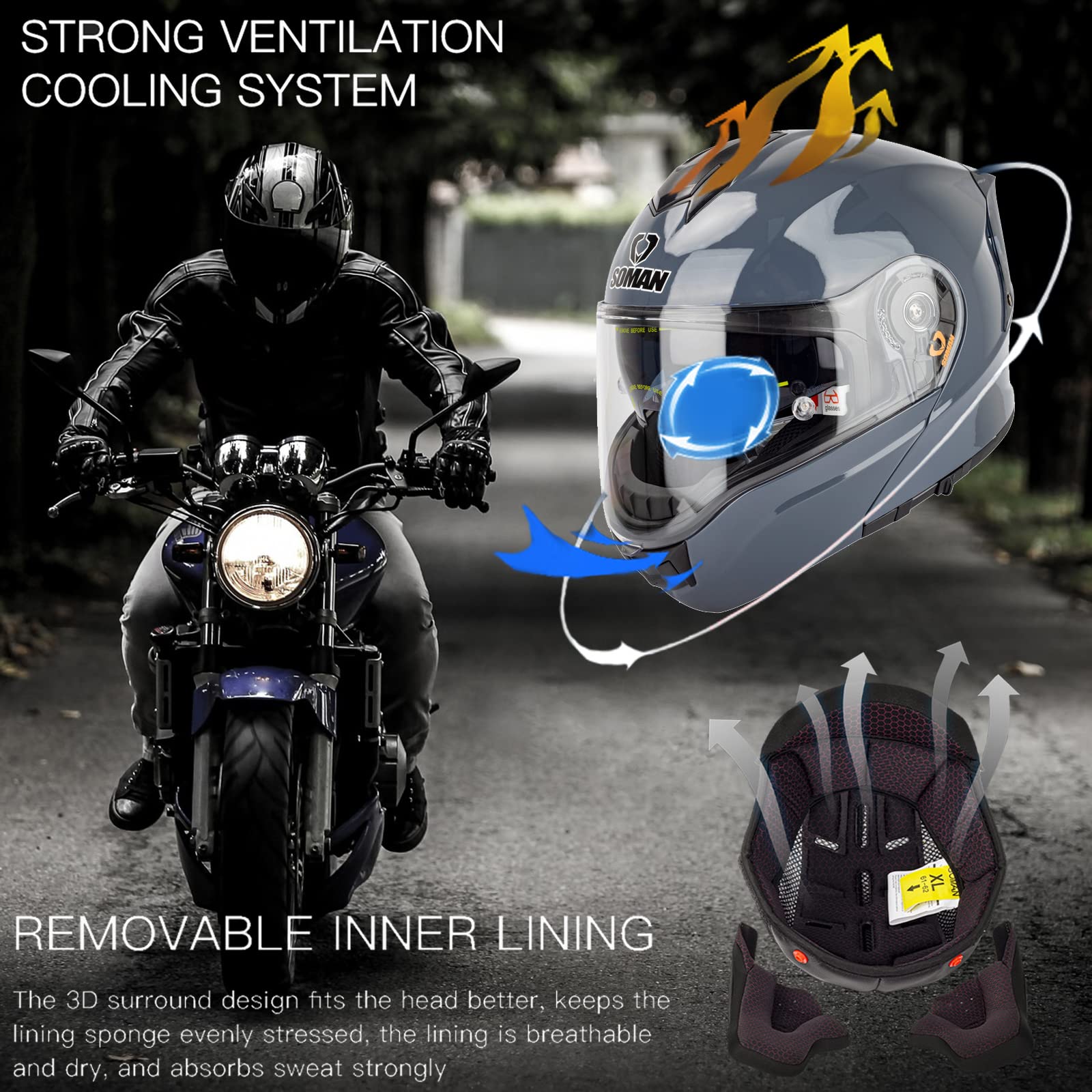 Motorradhelm Klapphelm Herren für Motorräder Integrierter Motorrad Helm Modularer Motorrad Helm mit Doppelvisier ECE-zugelassen Rollerhelm Sturzhelm Rennhelme für Damen und Herren,H-4XL(67~68cm)