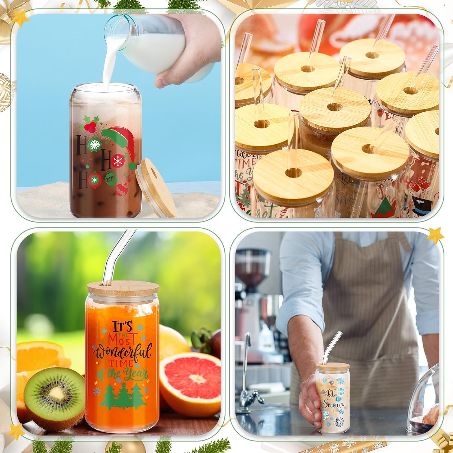 Skylety 12 Pcs Christmas Glasses Cups with Bamboo Lids and Straws, 16 oz Funny Xmas Drinking Glasses, Iced Coffee Cups, Christmas Gifts Can Shaped Tumbler Mason Jars Cups for Women Men