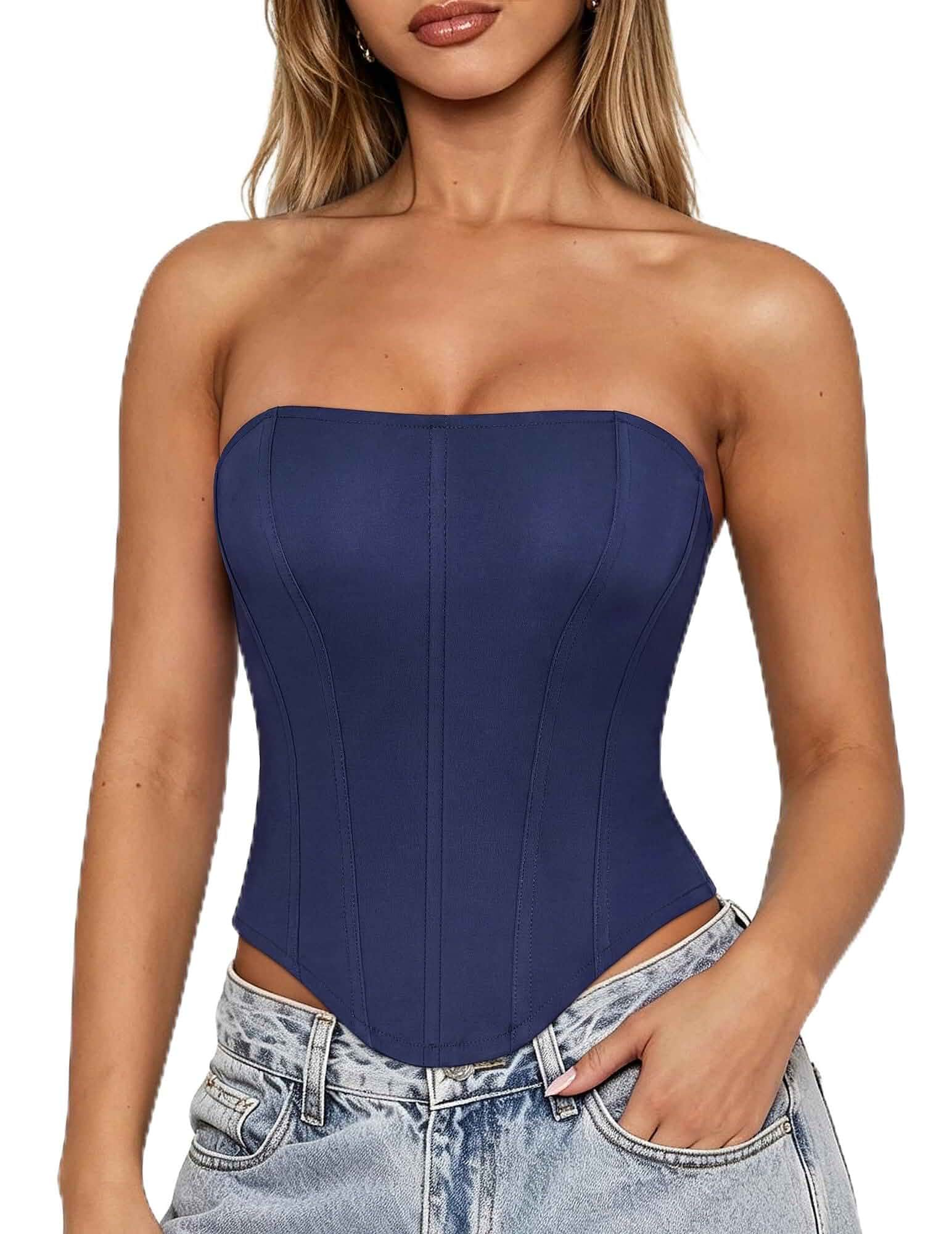 Scarlet Darkness Women's Strapless Tube Corset Bustier Lace-Up Crop Tops Structured Seamed Boning, Slim Hourglass Figure, Sleeveless Backless Lace-Up, Sexy Party Club Daily Going Out Y2K Outfits