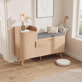 Shoe Rack with Removable Cushion, Wooden Shoe Rack with Adjustable Drawers, Modern Entrance Bench for Bedroom Living Room