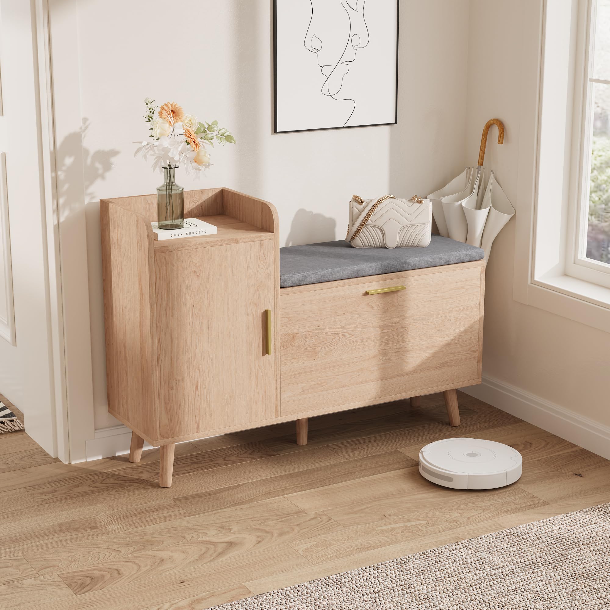 BestAlice Zapatero con cajón abatible, banco de almacenamiento natural con asiento acolchado en forma de L para pasillo, dormitorio, sala de estar, oficina