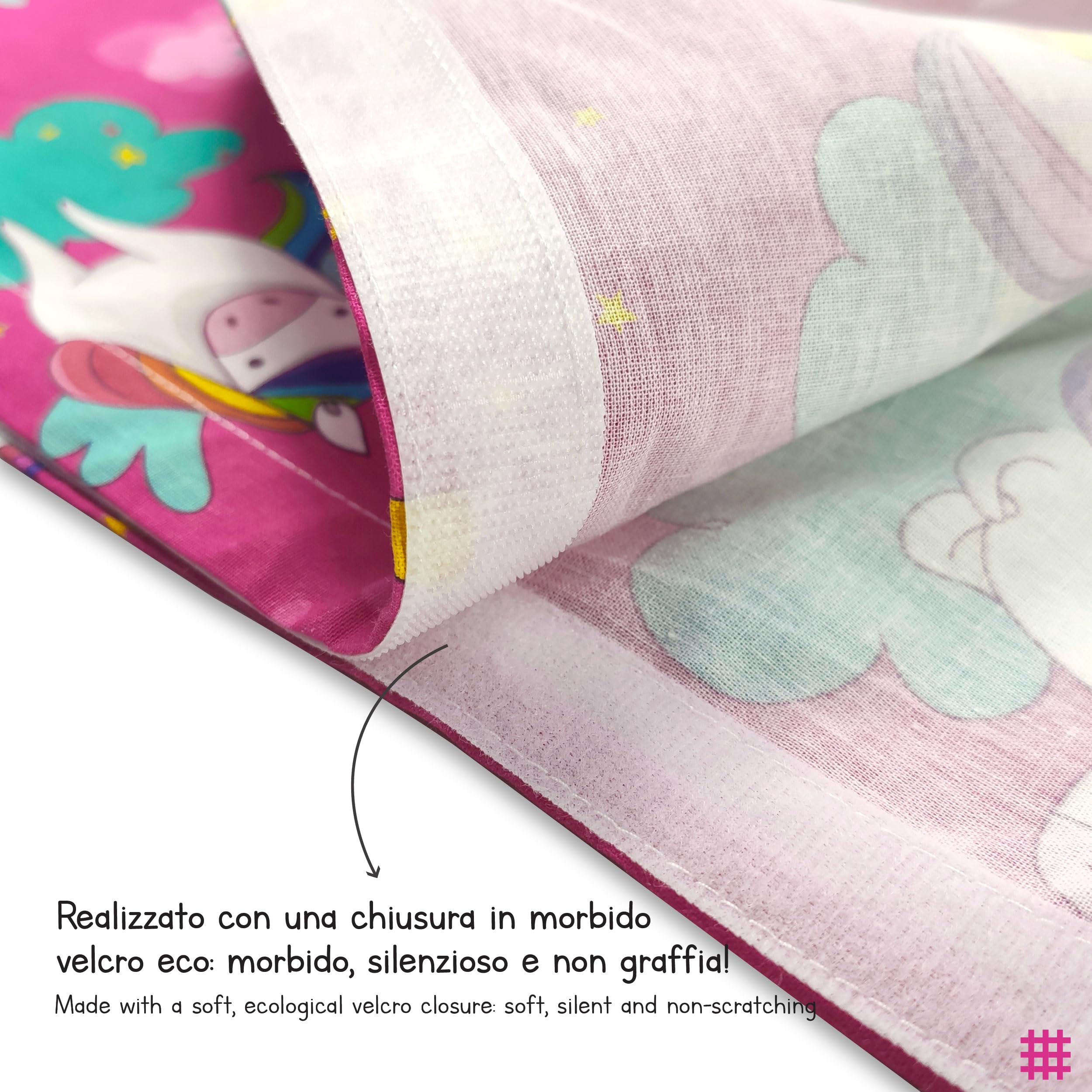 Panini Tessuti Juego de guardería, saco de dormir de verano y bolsa para bebé y niña de 2 a 6 años - Tejido 100% algodón - Made in Italy (juego de guardería de unicornios y arcoíris)