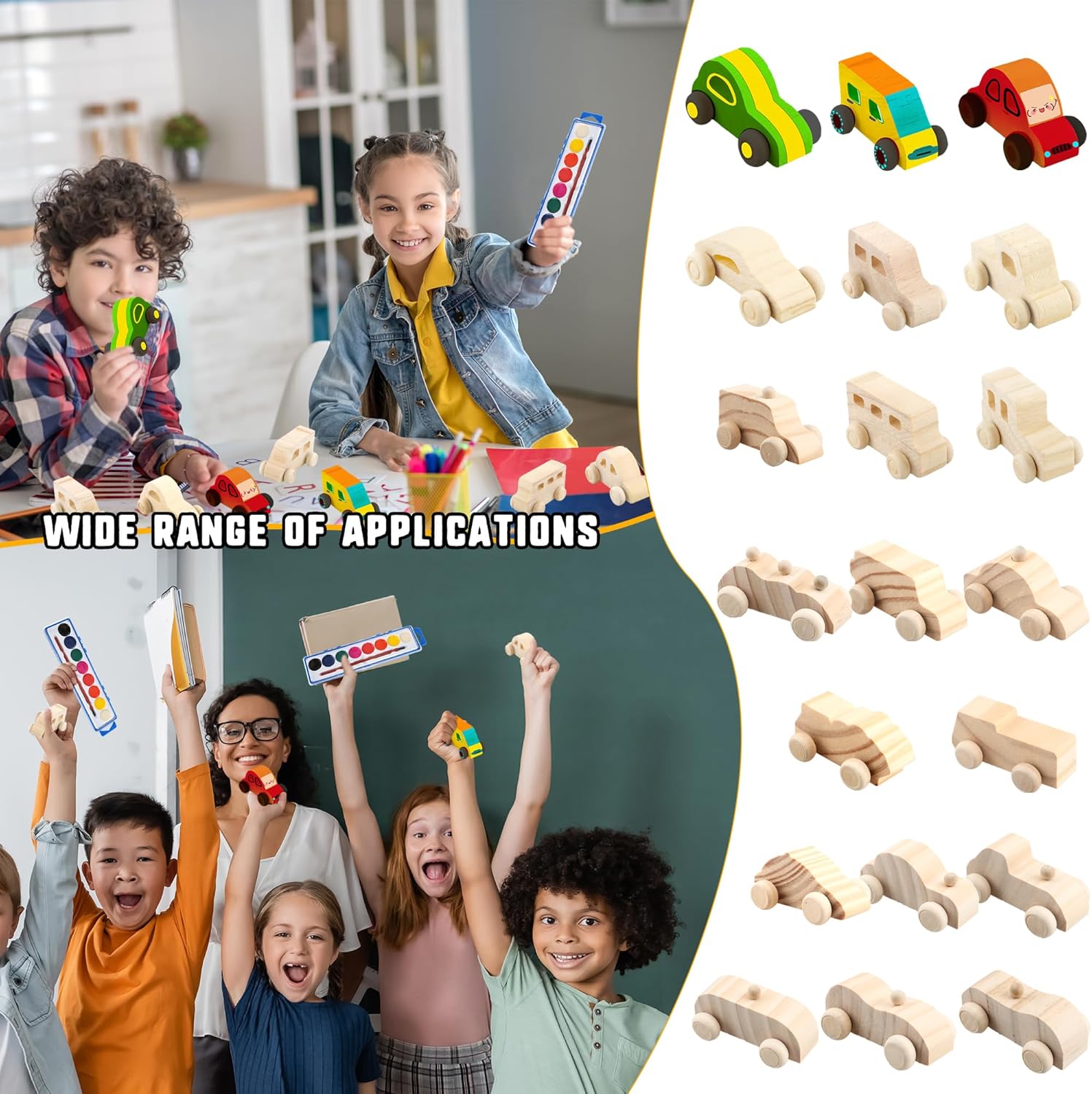 64 Pcs Unfinished Wooden Cars Include 32 Wood DIY Car Toys Wood Car Crafts Painting with 32 Watercolor Paint for Kids Home Activities Arts Crafts Projects Easy Woodworking
