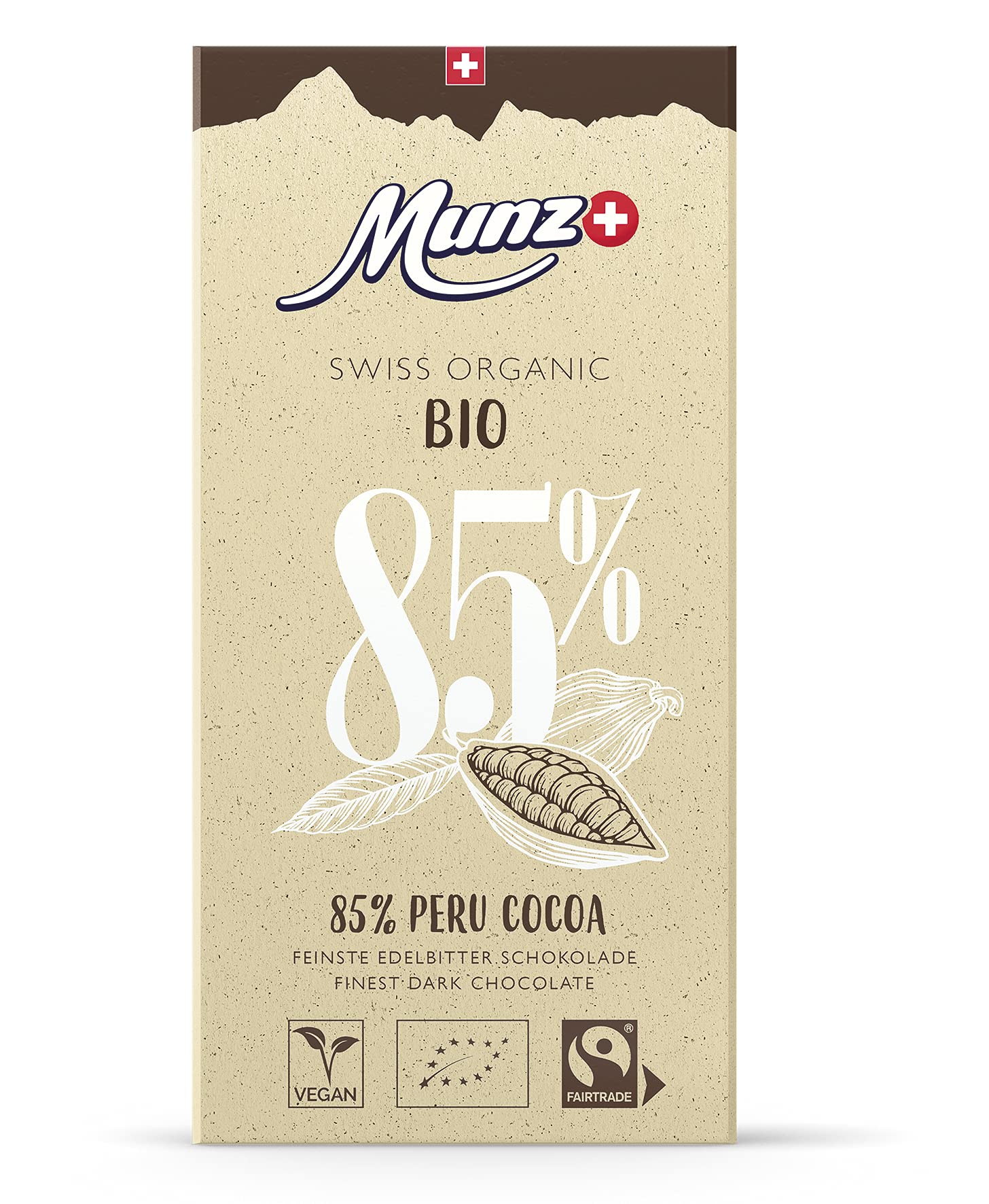 MUNZ Bio Schokolade 85% Peru Cocoa | 100% Schweizer Fairtrade Schokolade | 12 Tafeln á 100g Zartbitterschokolade | Swiss Premium Organic Dark Chocolate | Edelbitterschokolade