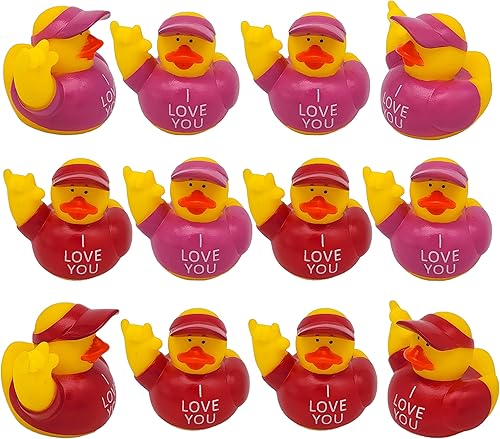 Cool Holiday Rubber I Love You Ducks (2 pulgadas) tamaño estándar. Rosa y morado. (paquete de 12) lindos juguetes de piscina de pato para bañera disponible en Yaxa Costa Rica