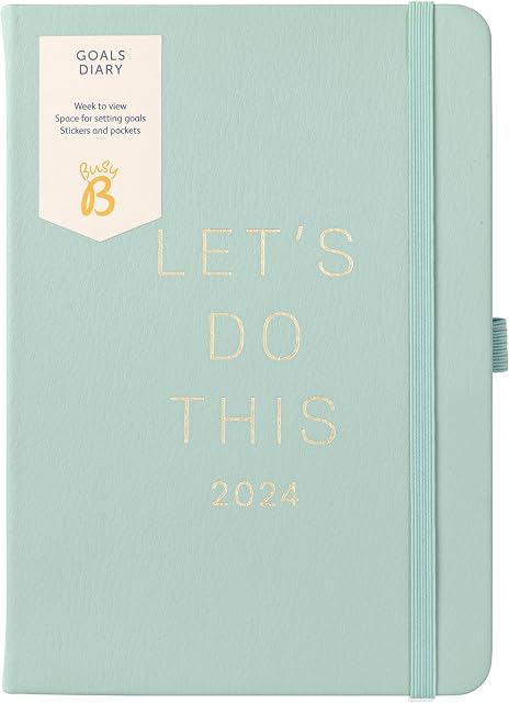 Busy B Goals Diary January to December 2024 - Sage - Faux Leather Week to View Goal Setting Planner with Stickers, Pockets & Notes