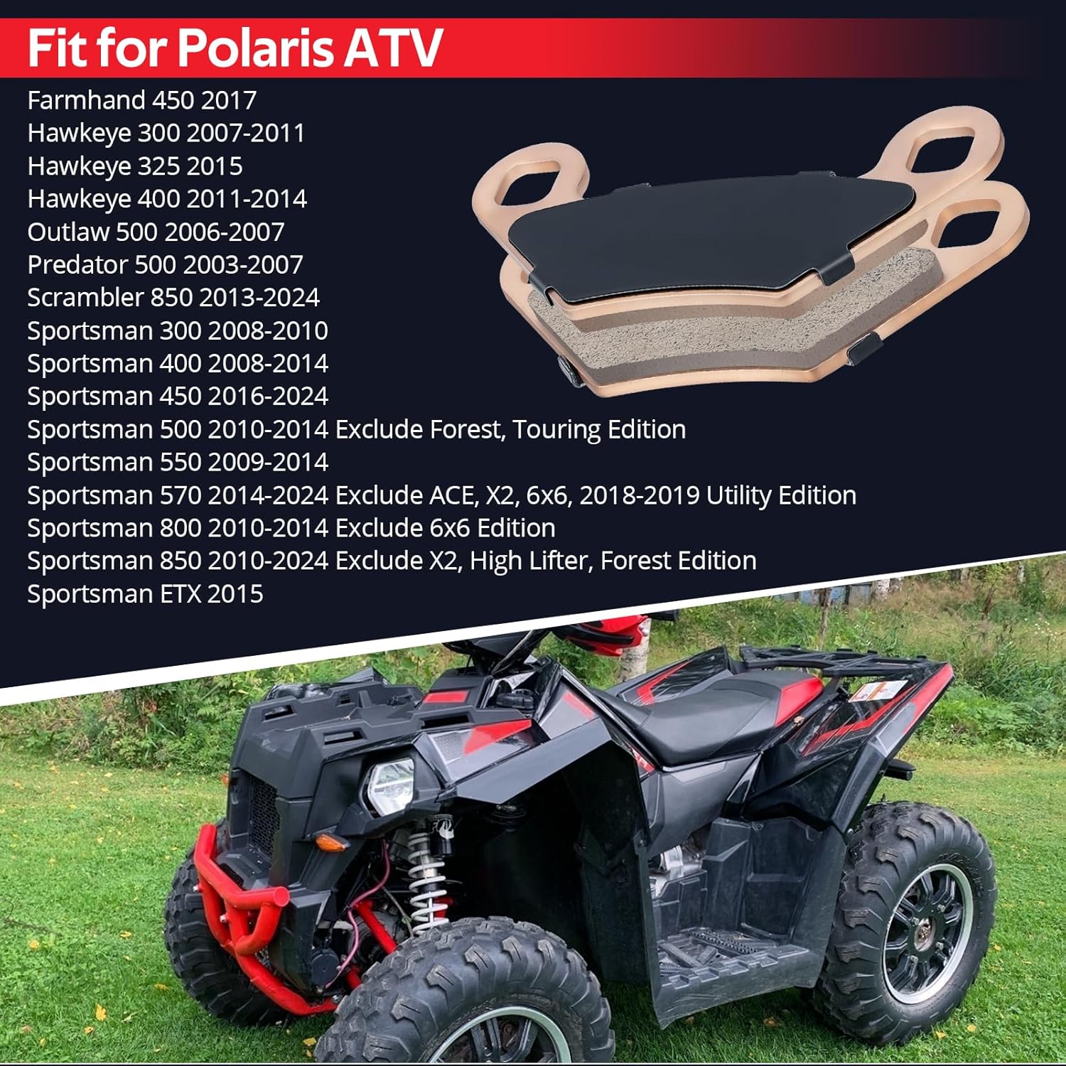 Front/Rear Sintered Brake Pads Compatible With Sportsman 300/400/450/500/550/570/800/850/ETX Scrambler 850 Outlaw Predator 500 Hawkeye Farmhand 450