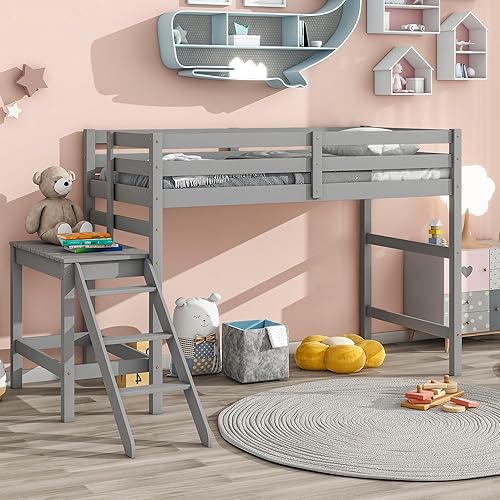 Bellemave Cama alta baja de tamaño individual para niños, cama alta de madera maciza con plataforma y escalera, cama alta que ahorra espacio para
