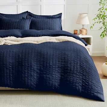 FUANNA Navy Blue Duvet Cover Queen Size, 3-Piece Seersucker Duvet Cover Set