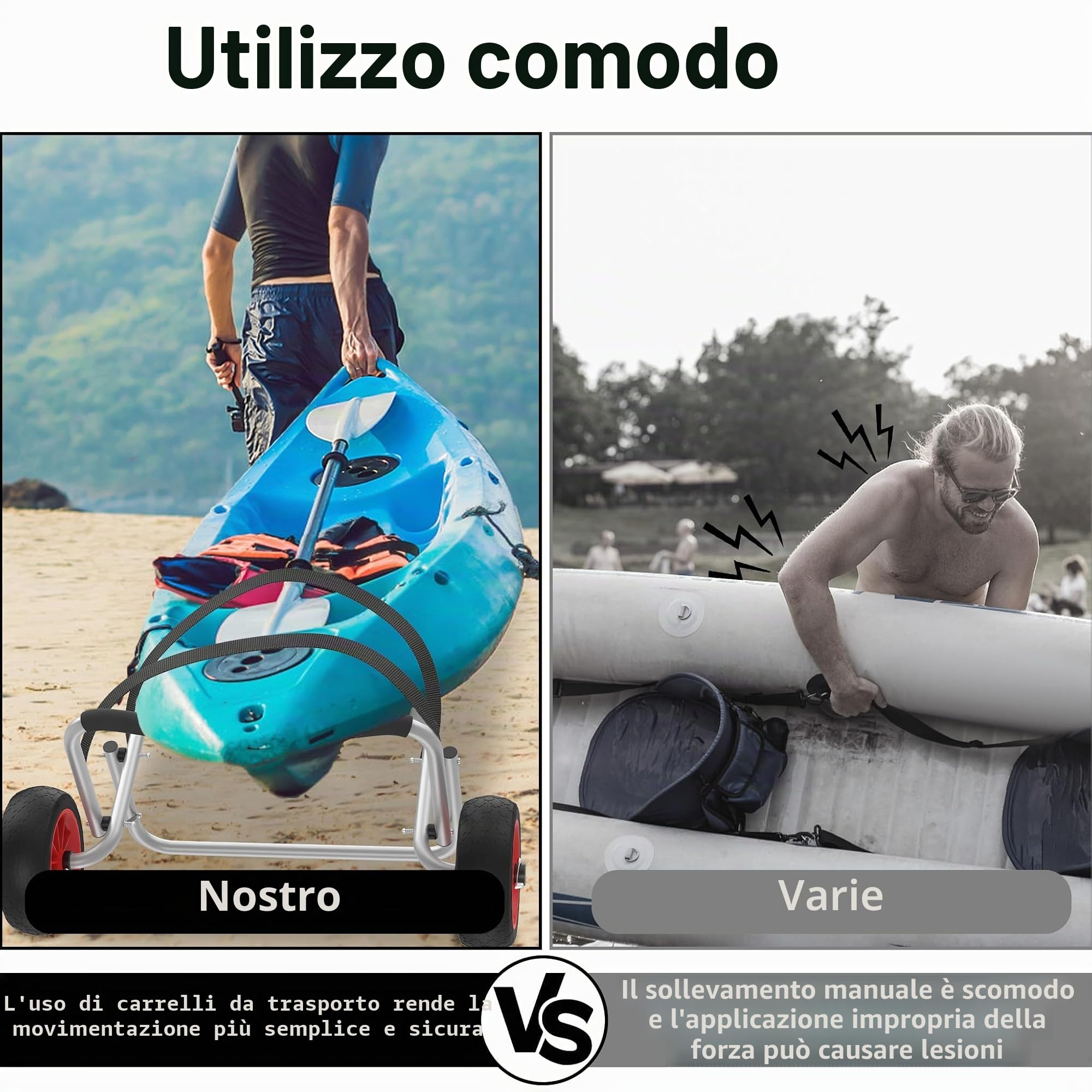 UISEBRT Kayak, carrello pieghevole per canoa, portata fino a 100 kg, con cinghie da 3 m, in alluminio, per canoa, kaya