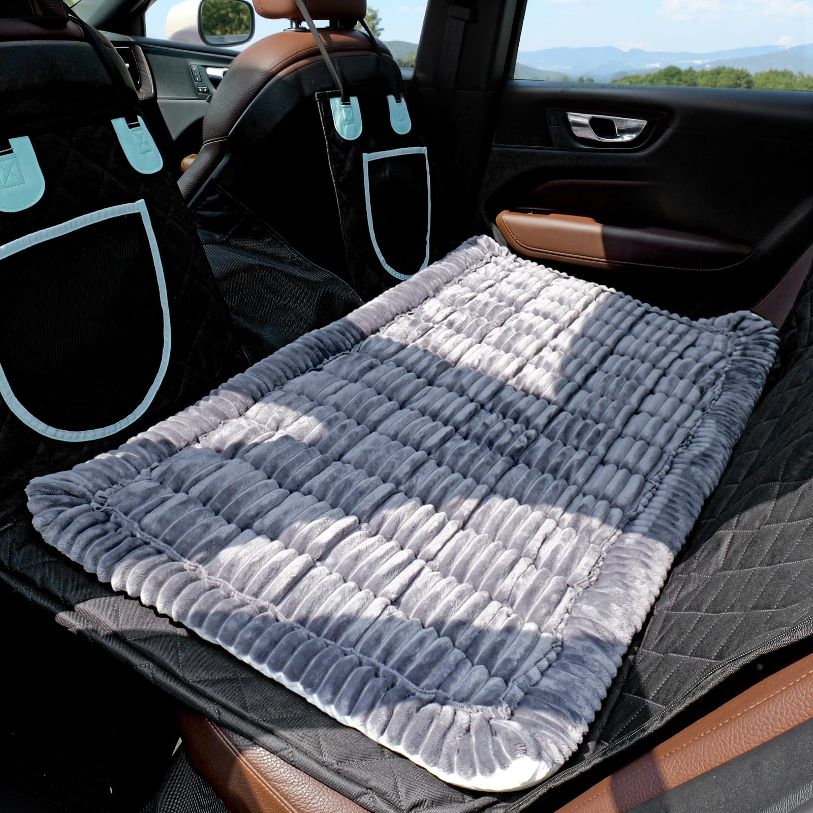 Tapizado Back Seat Pet Bed Mat, Dog Car Bed for Large Dogs, Deluxe Plush Travel Beds with Anti-Slip Bottom, Custom Fit for Backseat Extenders and Seat