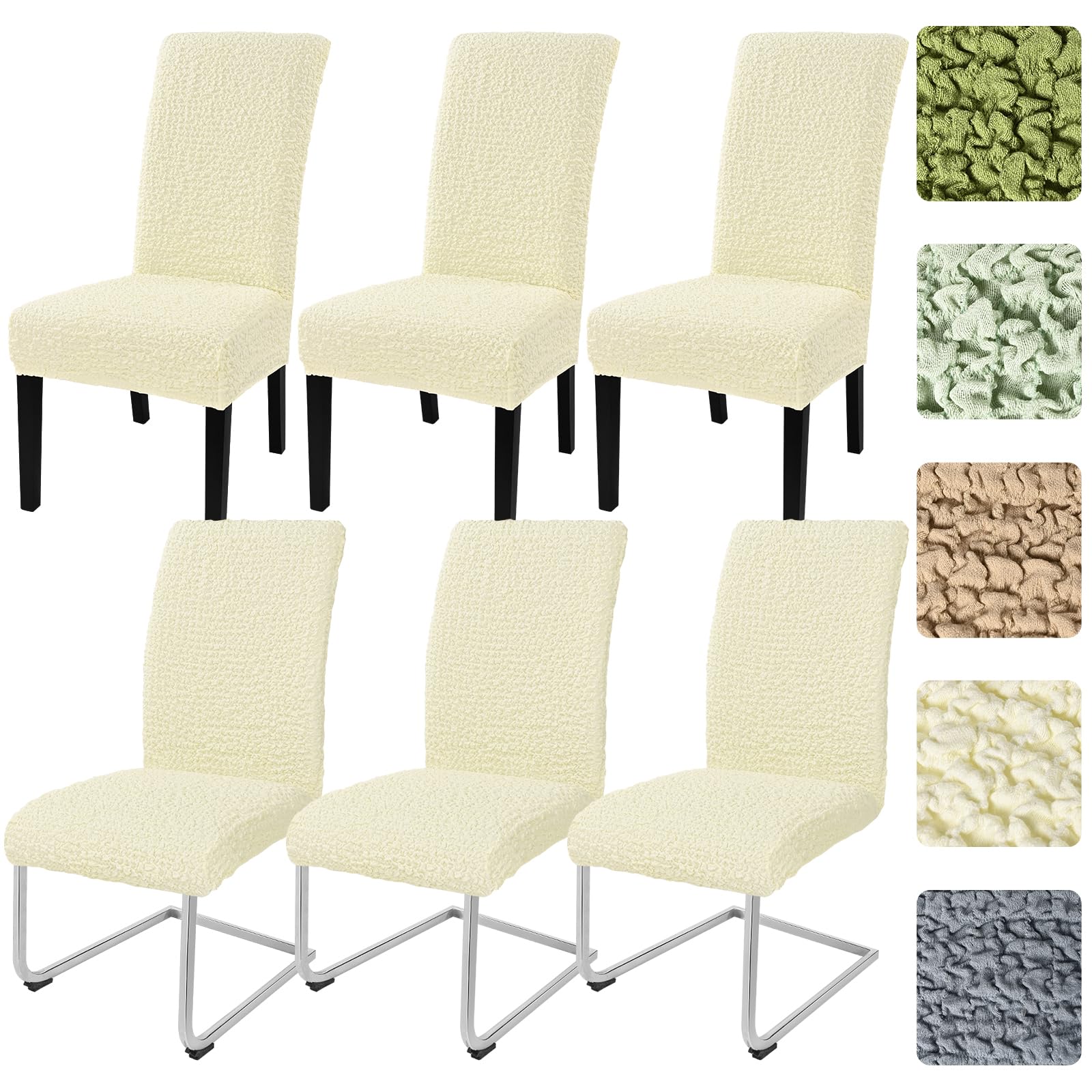 Alishomtll Dining Chair Covers Set of 6 Summer Stretch Seersucker Chair Covers for Dining Chairs Elastic Removable Chair Slipcovers Reusable Washable Chair Protector for Kitchen Hotel (Beige)