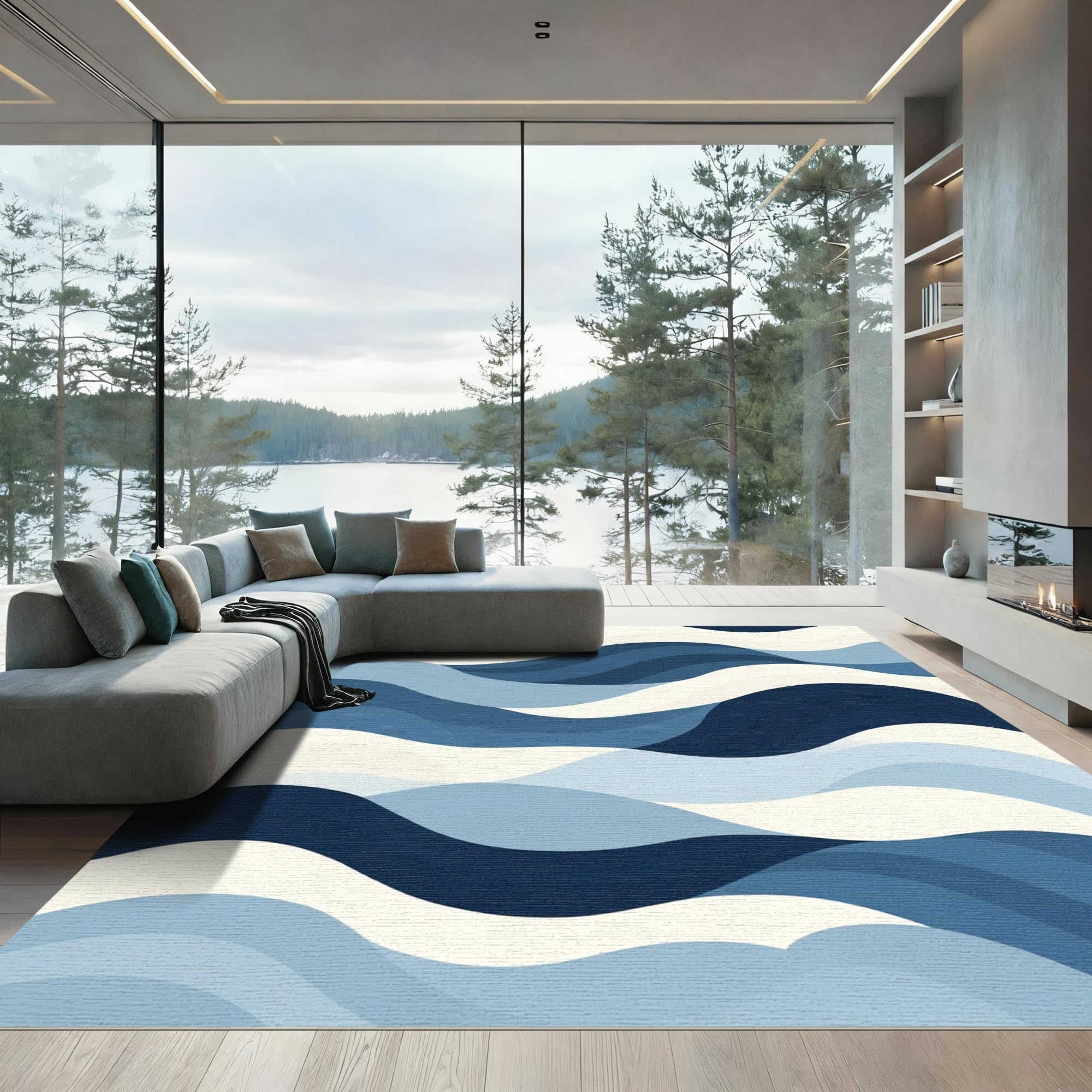 Flatwoven High Traffic Area Rug 6x9, Serene Waveform with Fluid Abstract Swirls and Contrasts, Non Slip, Stain Resistant, Washable Area Rugs for Living Room, Bedroom(Navy, 6x9)