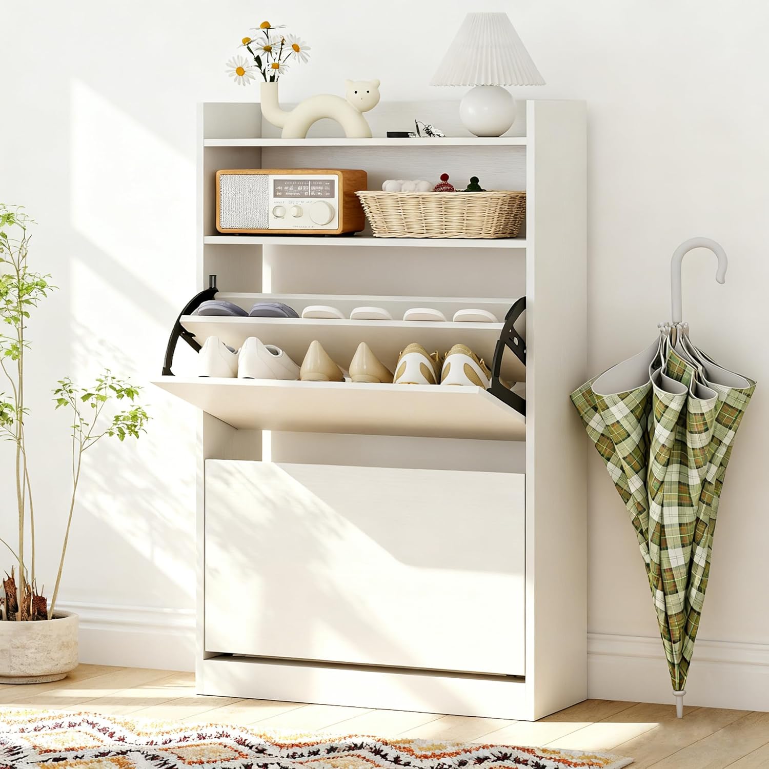 Giantex Shoe Cabinet with 2 Flip Drawers, Freestanding Narrow Shoe Organizer Cabinet with 2 Open Shelves, Slim Shoe Storage Cabinet for Entryway, Hallway, Foyer, White