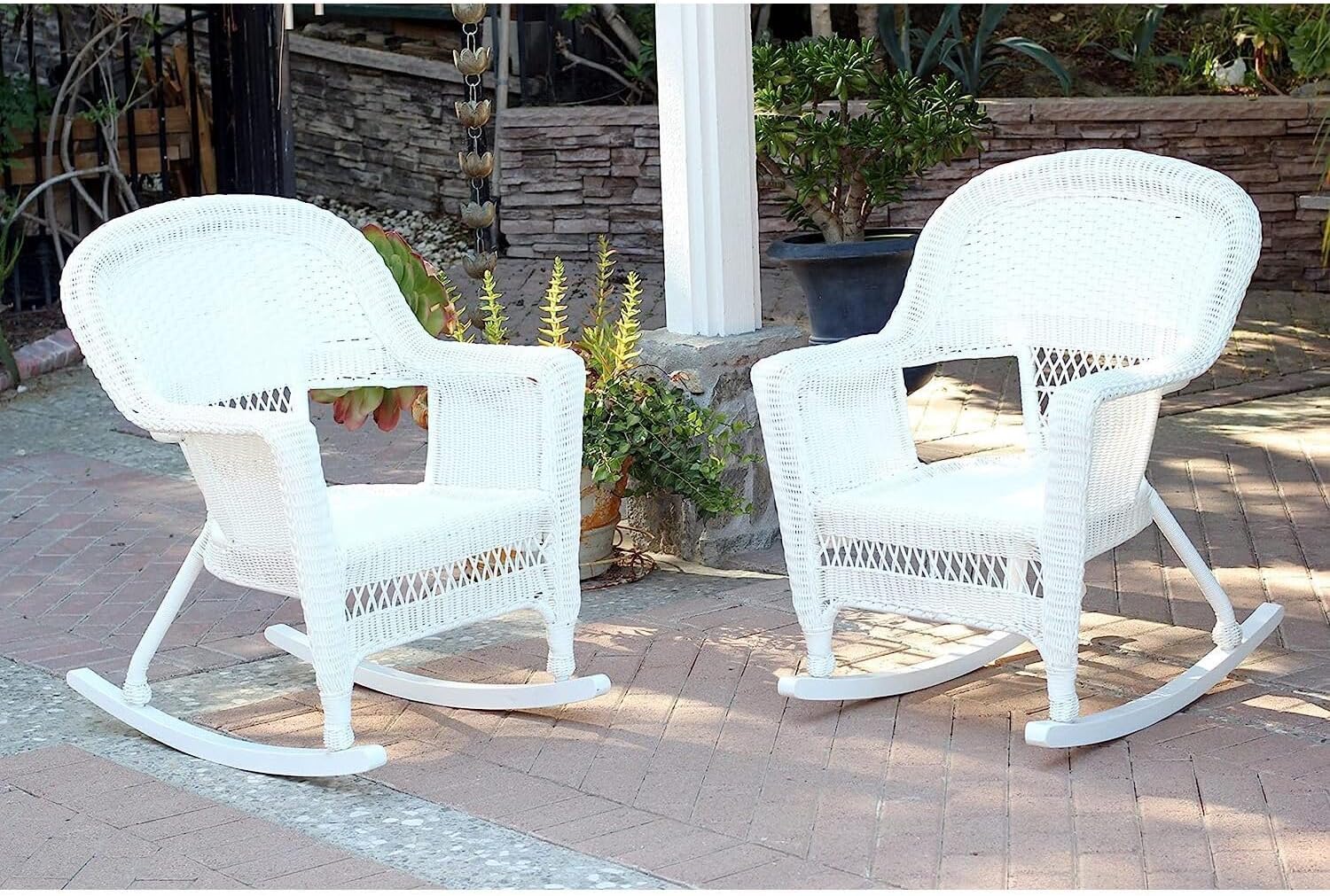 Maykoosh Modern Motifs Patio Chair Set of 2, Outdoor Rocking Chairs in White Resin Wicker, Steel Frame for Durability, Stackable for Storage