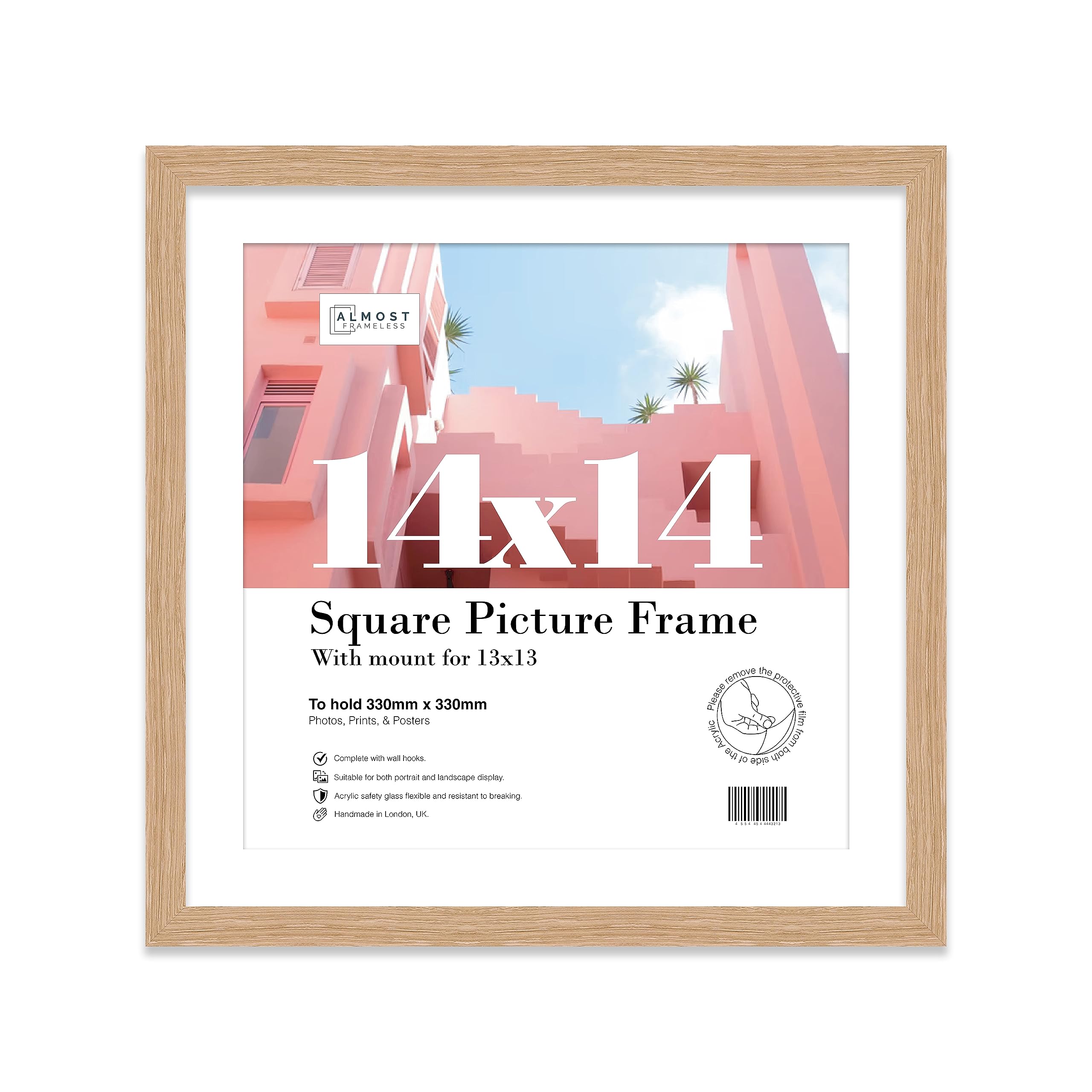 Almost Frameless 14x14 Picture Frame, Display Pictures 13x13 With Mat or 14x14 Without Mat, Wall Hanging Photo Frame, Oak, 1 Pack