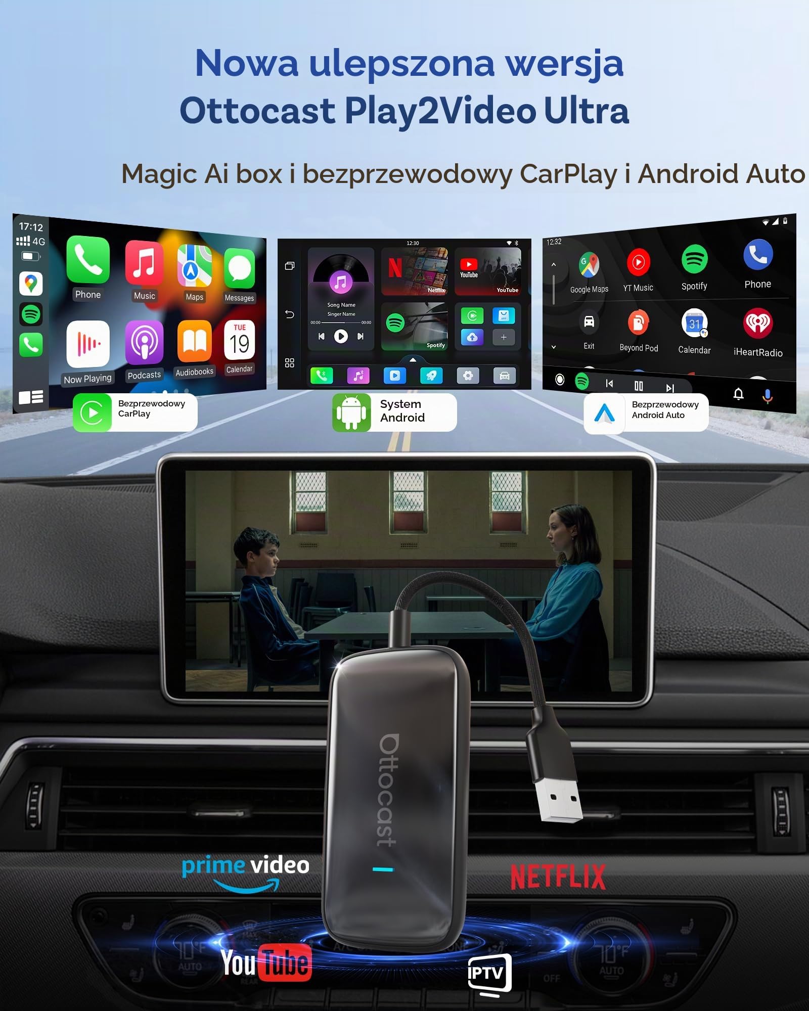 OTTOCAST Play2Video Ultra 2026 aktualizacja bezprzewodowego adaptera CarPlay i Android Auto AI Box, Android 12, 4 GB + 32 GB, Bluetooth 5.4, WiFi 5 GHz, strumieniowanie z Netflix YouTube, Amazon Video