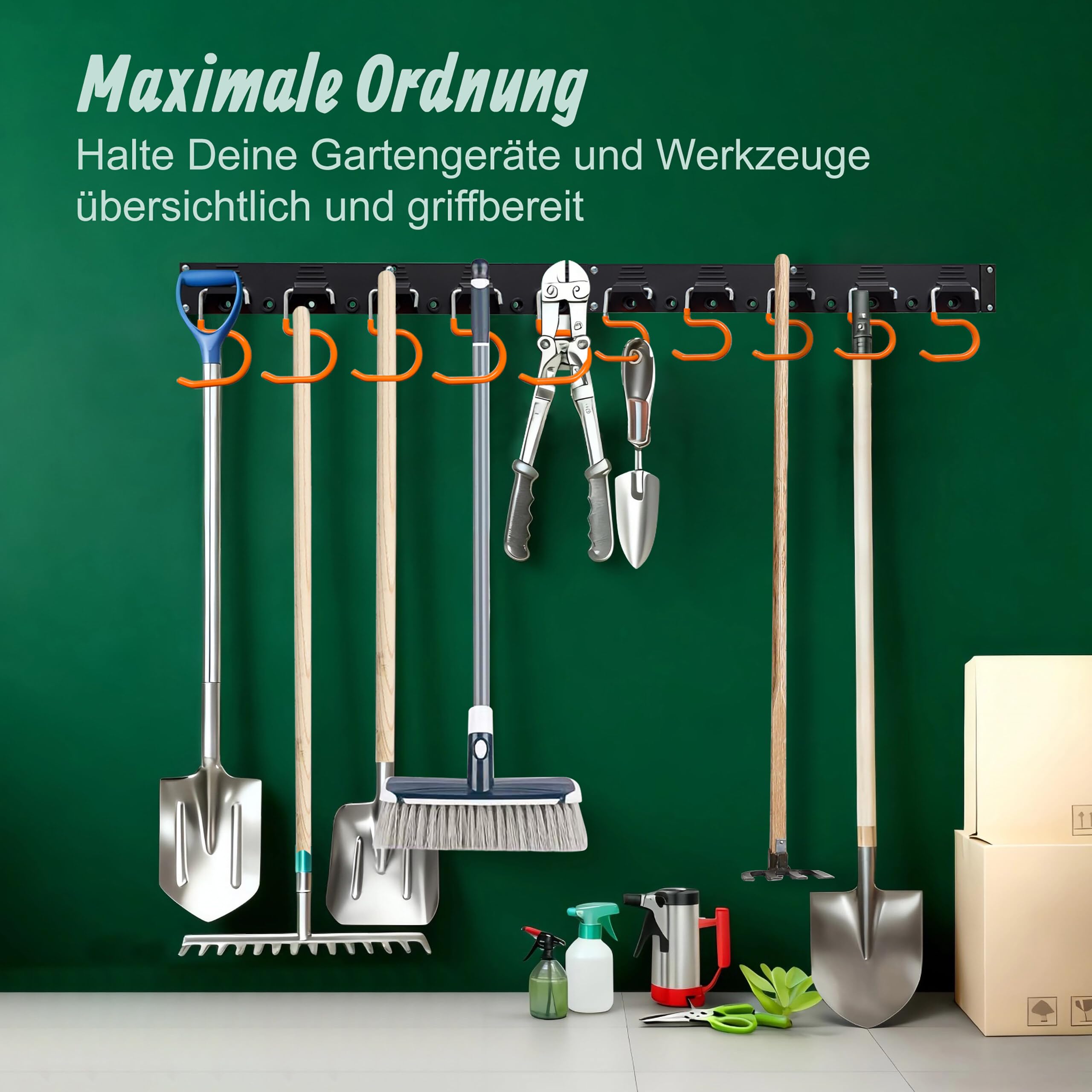 Relaxdays Gartengerätehalter Wand, 10 Haken, Geräte Wandhalterung, HBT: 5x43x2 cm, 2X Geräteleisten, schwarz/orange