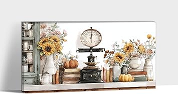 Hzddty Farmhouse Kitchen Wall Decor Canvas Art - Rustic Sunflowers, Vintage Scale & Books Painting Pictures, Modern Floral Dining Room Decoration for Home Bar 8x16 inches