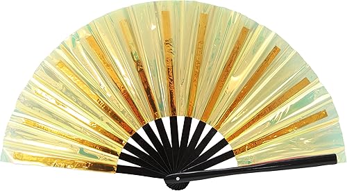 Miniatura 12 de Gionforsy 1 ventilador plegable Rave para mujer, ventilador de mano grande de bambú con tela de color brillante para festival (1 unidad, estilo 4,