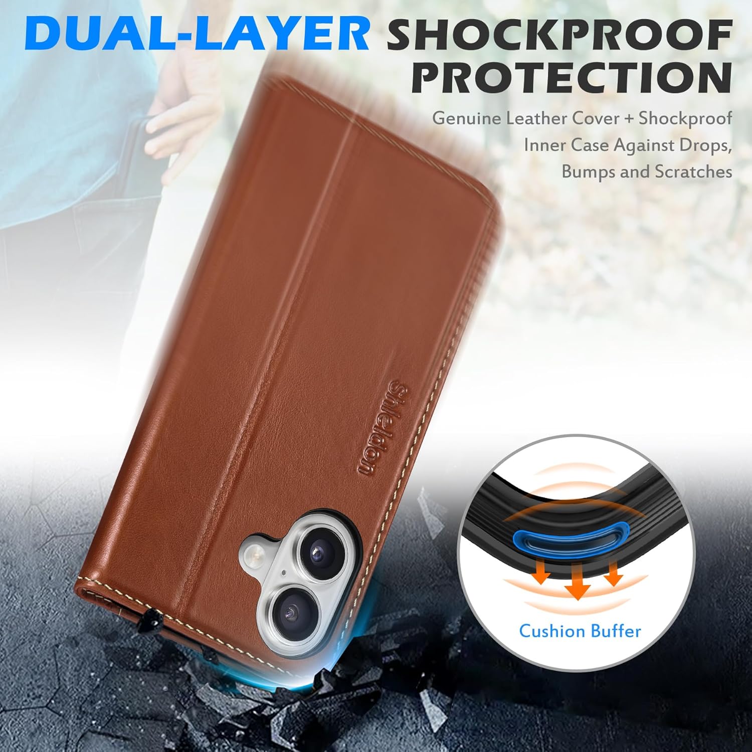 SHIELDON Genuine Leather Case Wallet for iPhone 17 6.3-inch 5G 2025 | Foldable, Magnetic Closure, Kickstand, RFID Blocking Credit Card Holder, Shock-Absorbent Phone Cover - Retro Brown - Image 6