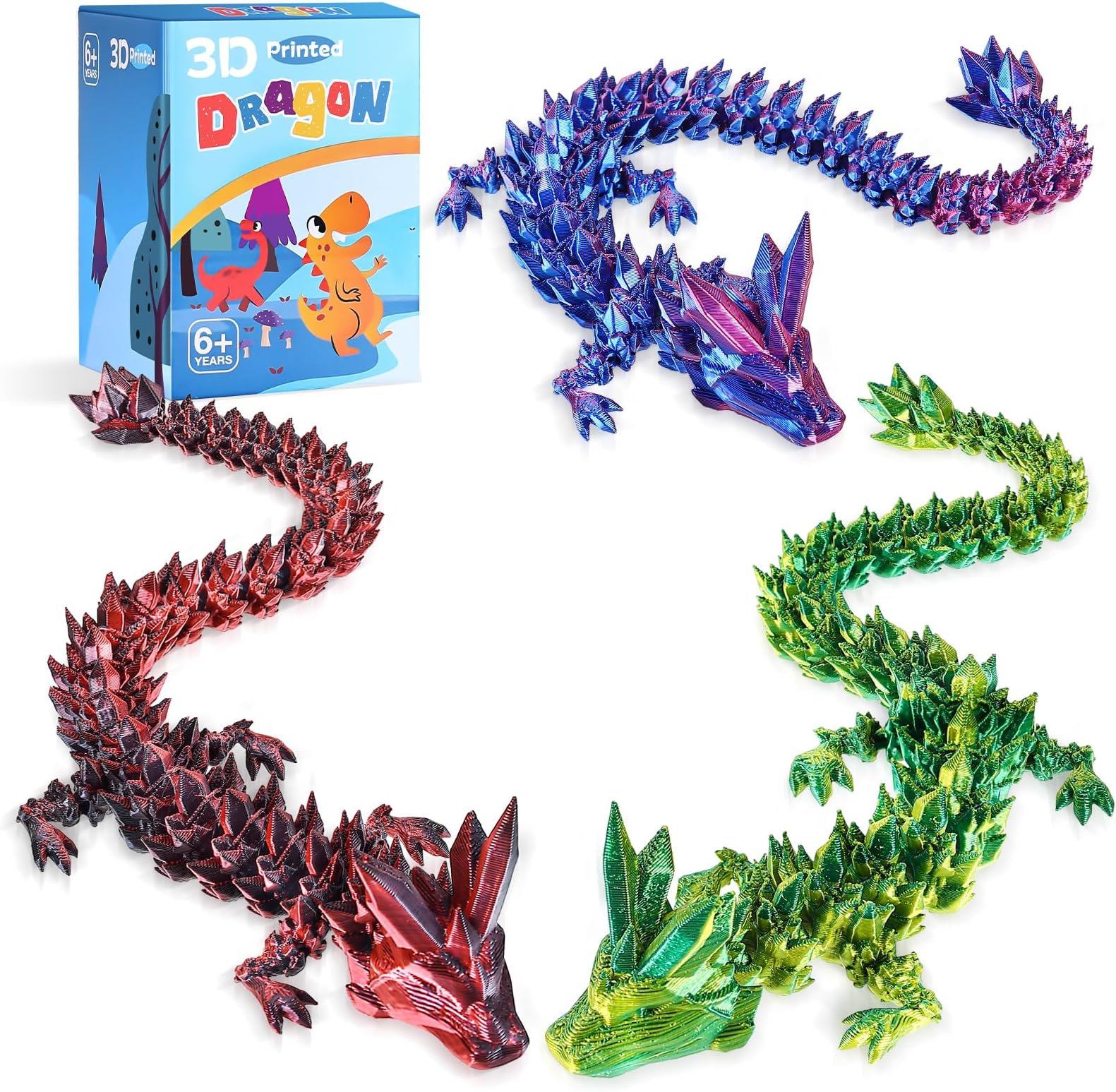 3pcs 12in 3D Printed Crystal Dragon,3D Printed Flexible Articulated Dragon,Home Office Decor Executive Desk Toys, Fidget Toys for Autism/ADHD