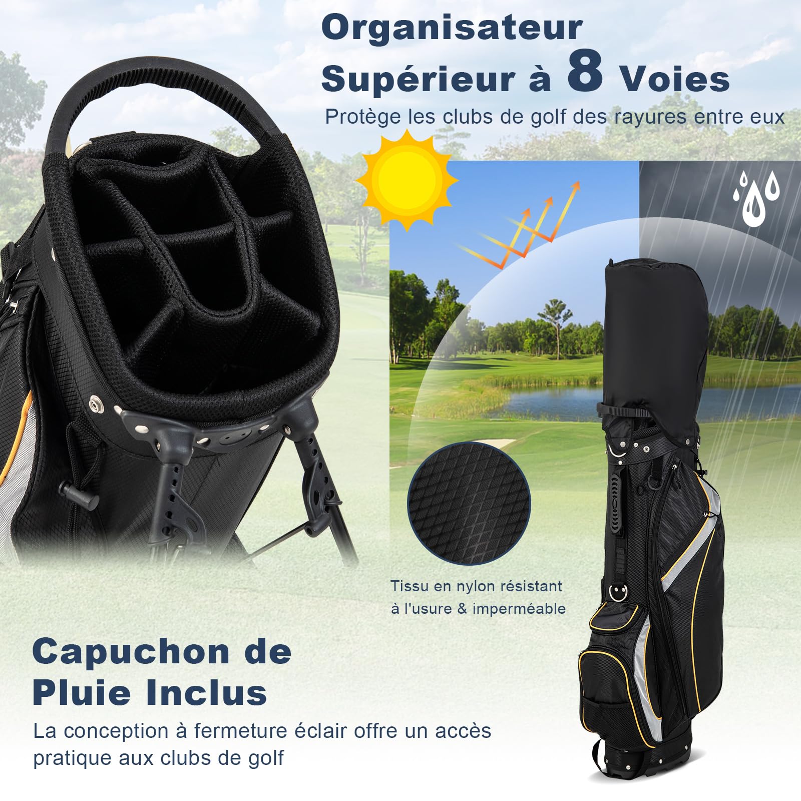 COSTWAY Sac de Golf Trépied à 8 Voies, Sac de Transport pour Golf avec 7 Poches Zippées Sac Isotherme Cappuccio Antipioggia Double Sangle Manici de Transport, pour Club de Golf Vacances