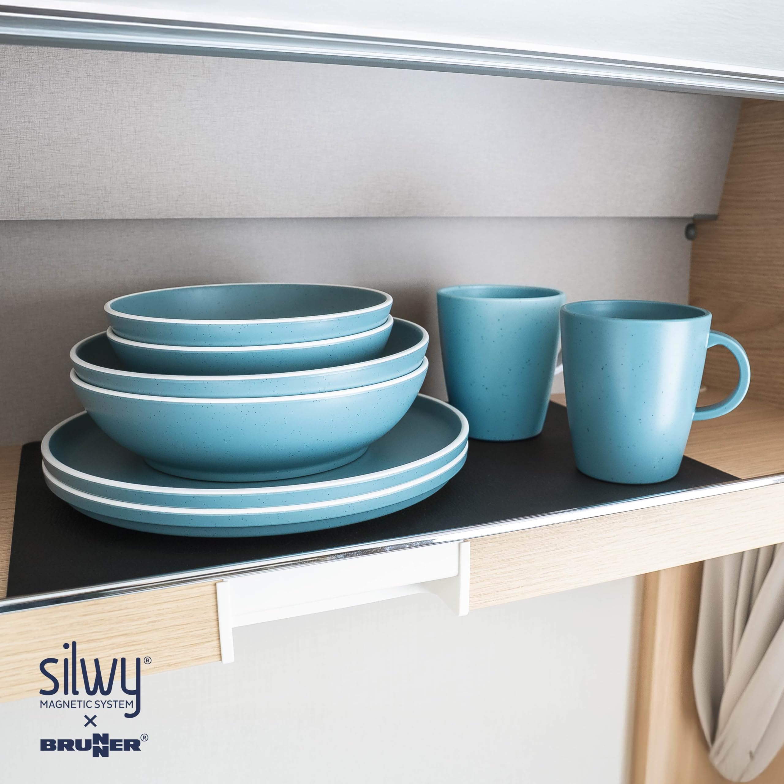 silwy® Magnet-Geschirrset DOLOMIT Grey – 11-teiliges Kunststoffgeschirr im STONEtouch-Design | Für Wohnmobil, Camping & Boot | Klapperfrei & bruchsicher| inkl. Nano-Gel-Matte & Pads