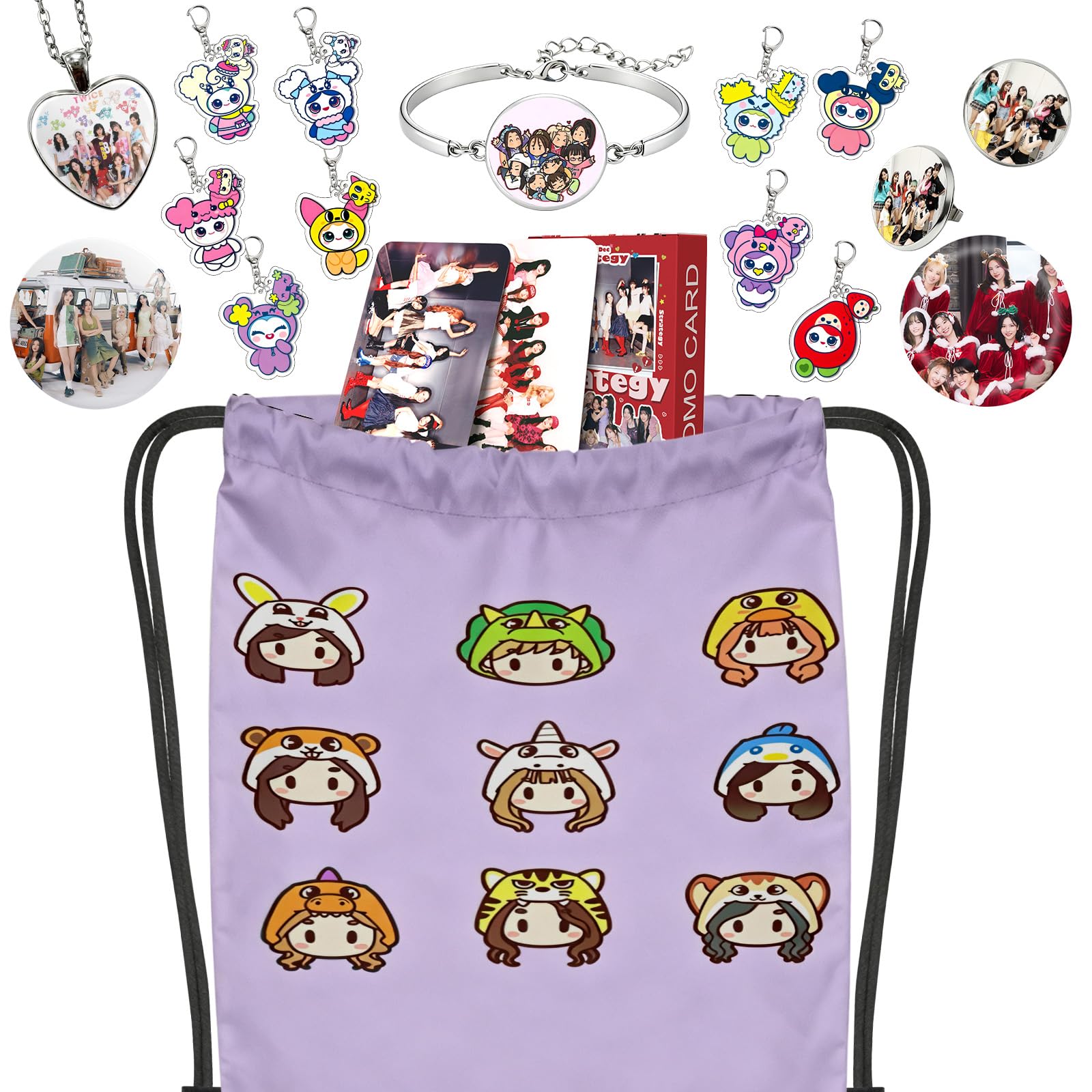 Twice Merch Regalo Set per Twice, Twice Merch con 55 photocard,1 sacca sportiva,9 portachiavi,paio di orecchini,1 bracciale, 1 collana, 2 spille, 12 adesivi
