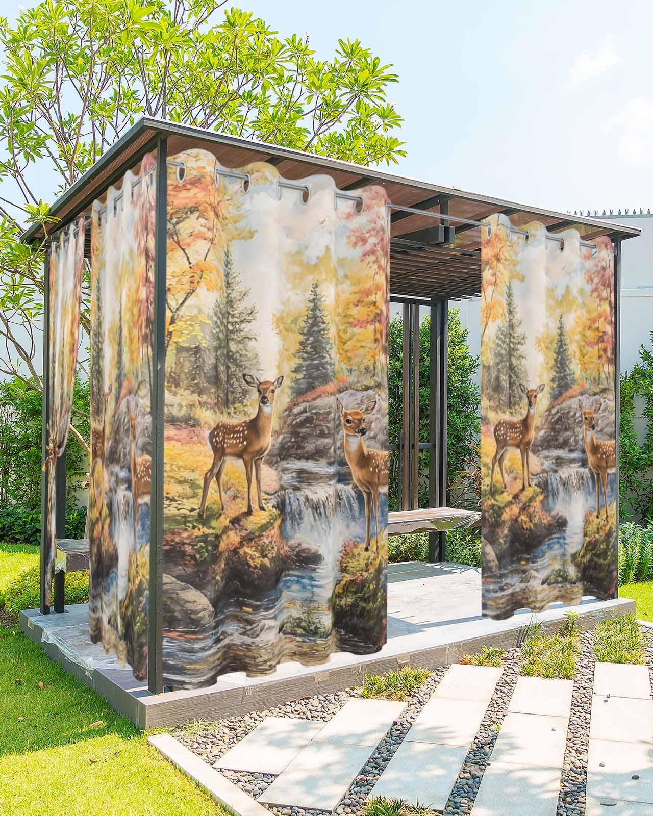 BEMIGO Outdoor Curtains for Patio Waterproof Deer Forest River Light Filtering Thermal Insulated Privacy Drapes with Grommets 54x95-1 Panel, Outdoor Curtain for Pergola Porch Gazebo, Nature Scenery